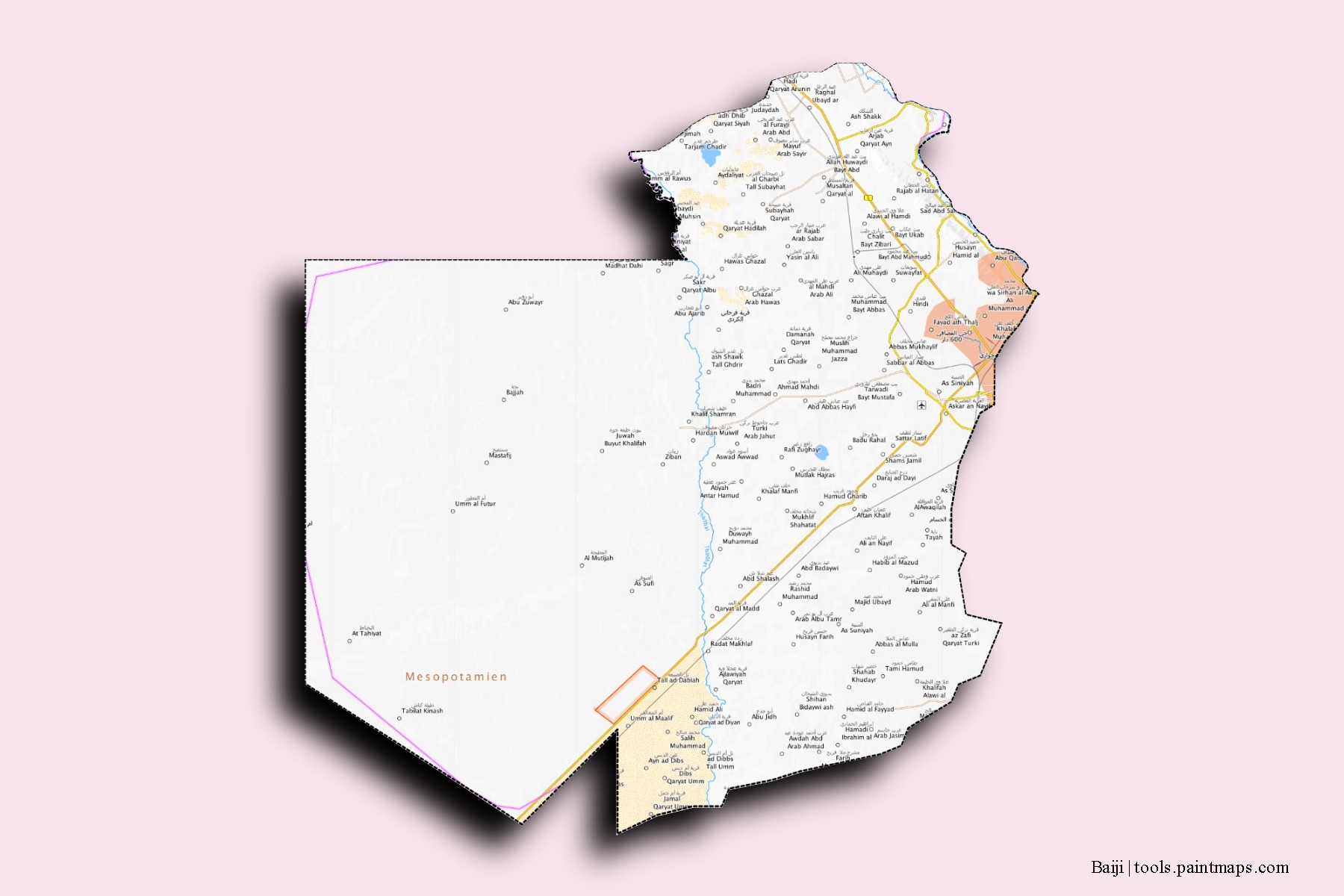 Mapa de barrios y pueblos de Baiji con efecto de sombra 3D