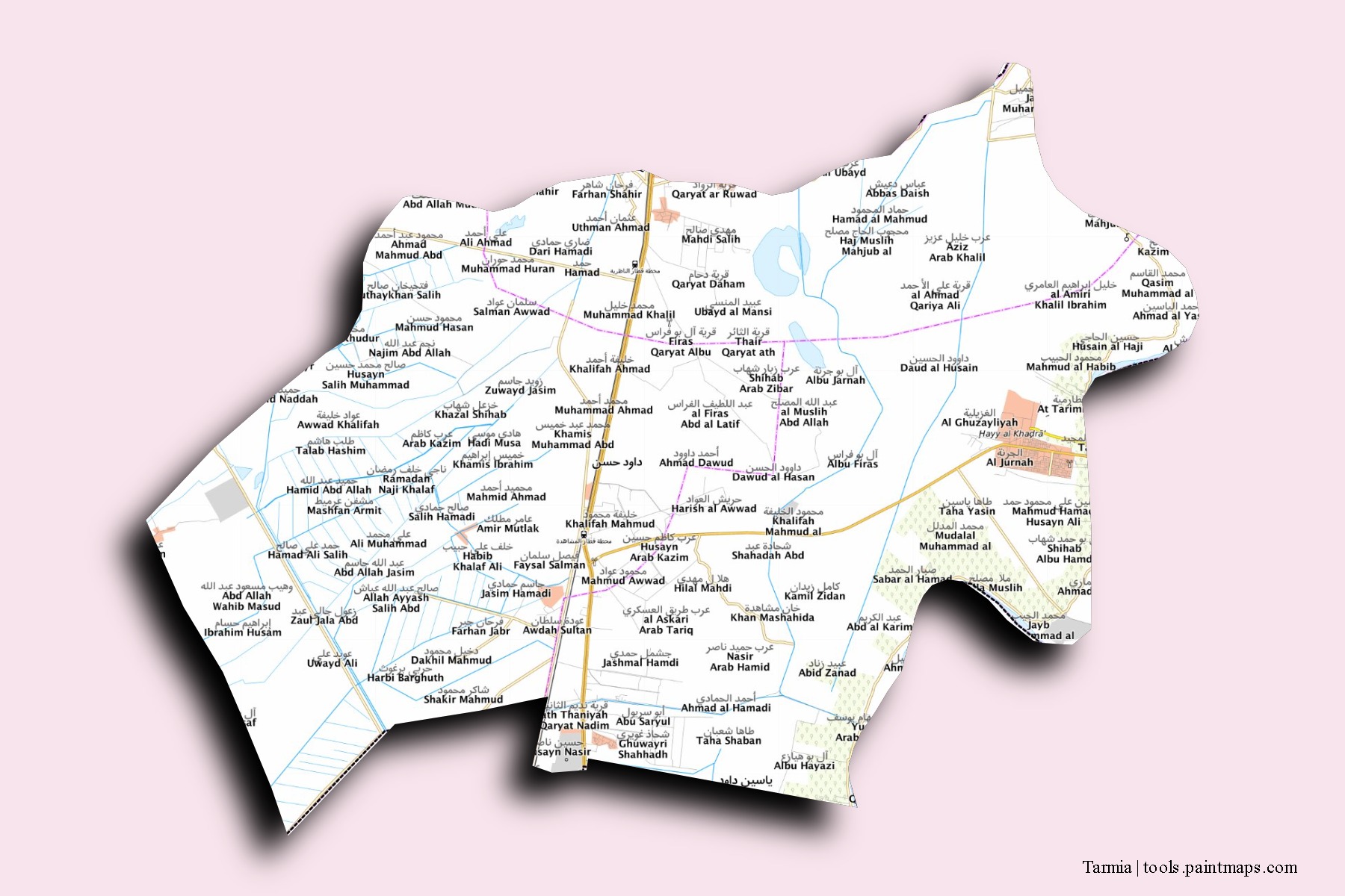 Mapa de barrios y pueblos de Tarmia con efecto de sombra 3D