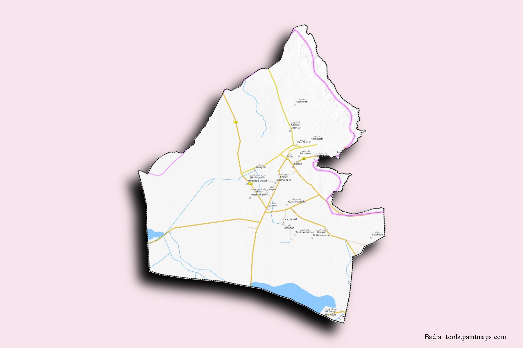 3D gölge efektli Badra mahalleleri ve köyleri haritası