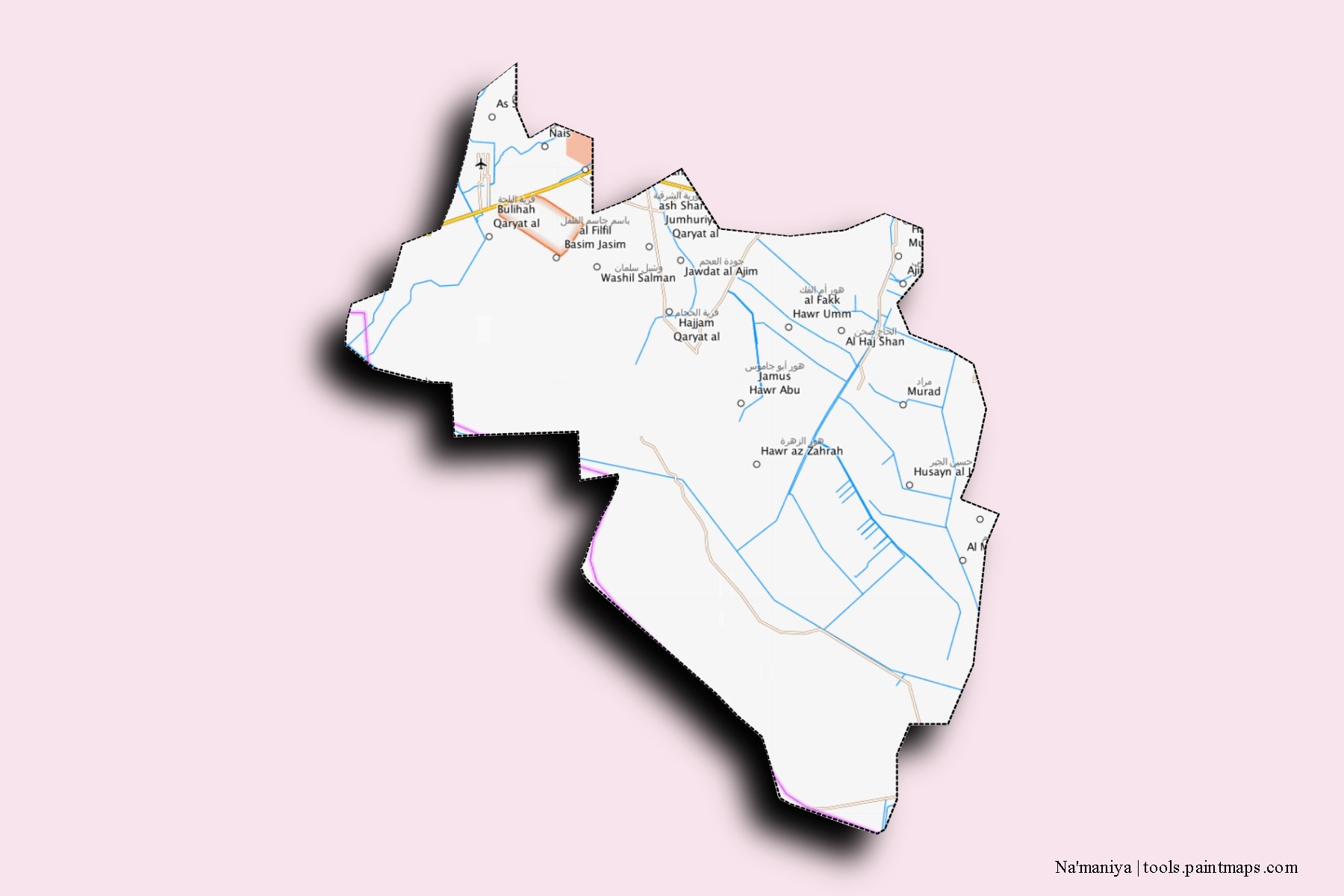 Na'maniya neighborhoods and villages map with 3D shadow effect