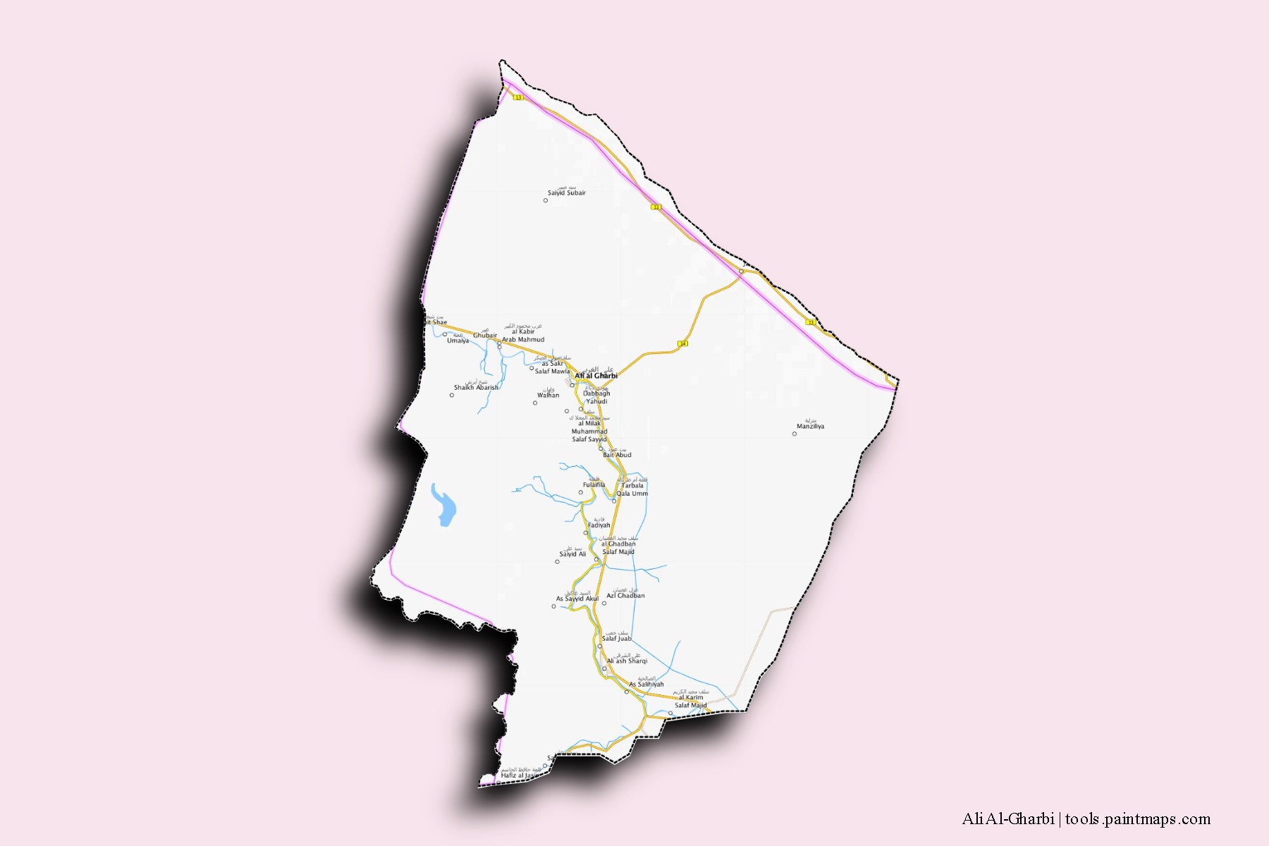 Mapa de barrios y pueblos de Ali Al-Gharbi con efecto de sombra 3D