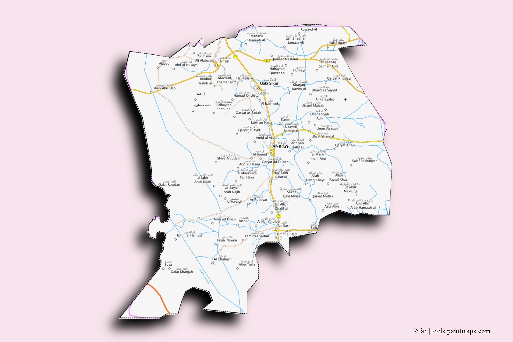 Mapa de barrios y pueblos de Rifa'i con efecto de sombra 3D