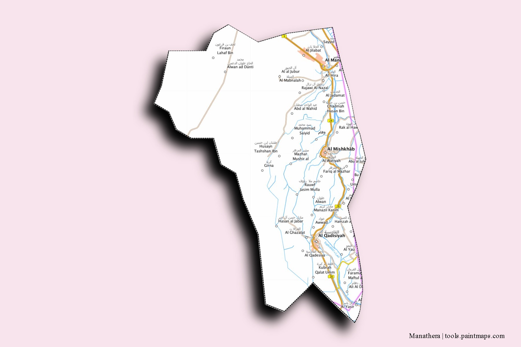 Manathera neighborhoods and villages map with 3D shadow effect