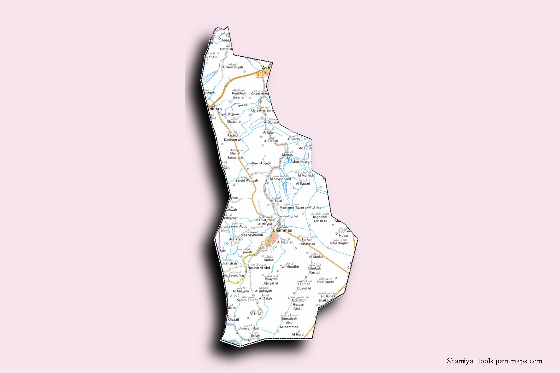 Mapa de barrios y pueblos de Shamiya con efecto de sombra 3D