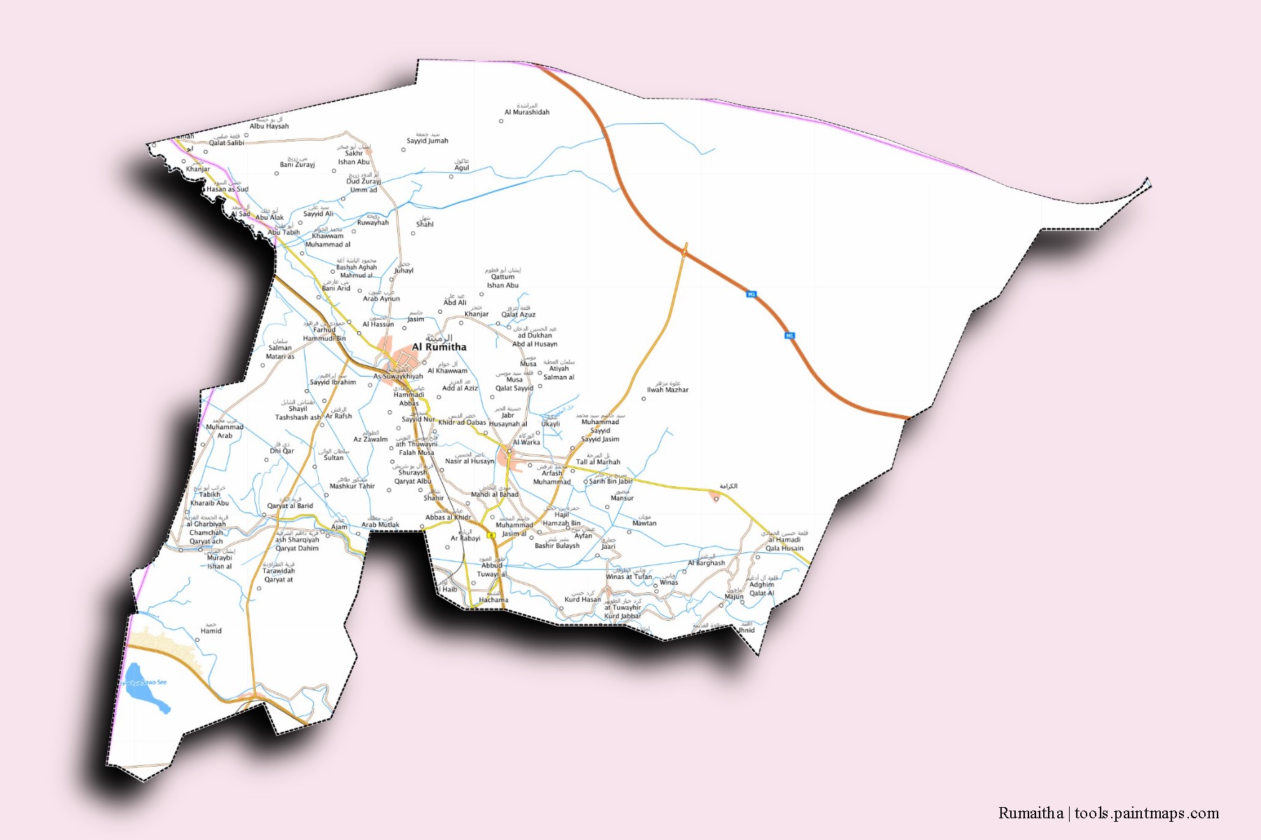 3D gölge efektli Rumaitha mahalleleri ve köyleri haritası