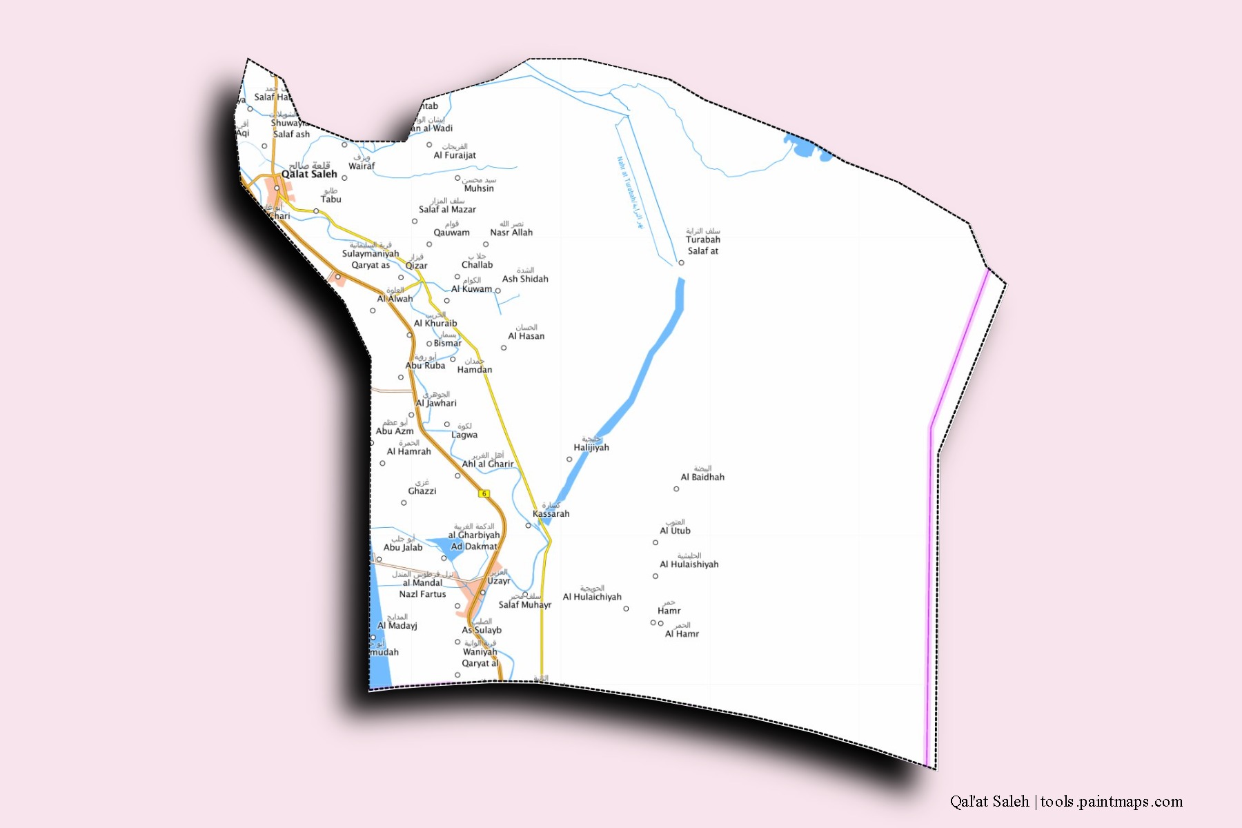 Mapa de barrios y pueblos de Qal'at Saleh con efecto de sombra 3D