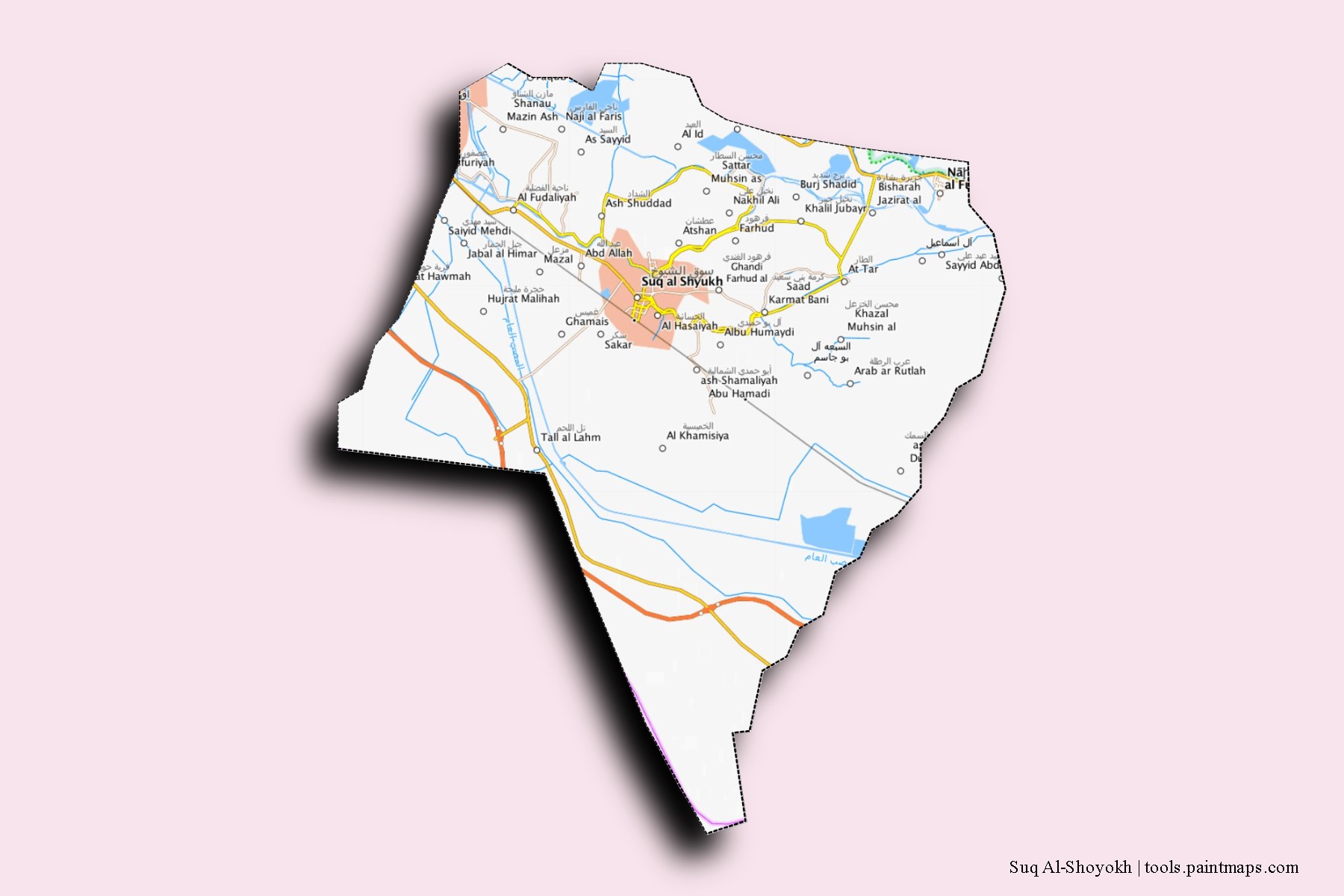 Suq Al-Shoyokh neighborhoods and villages map with 3D shadow effect