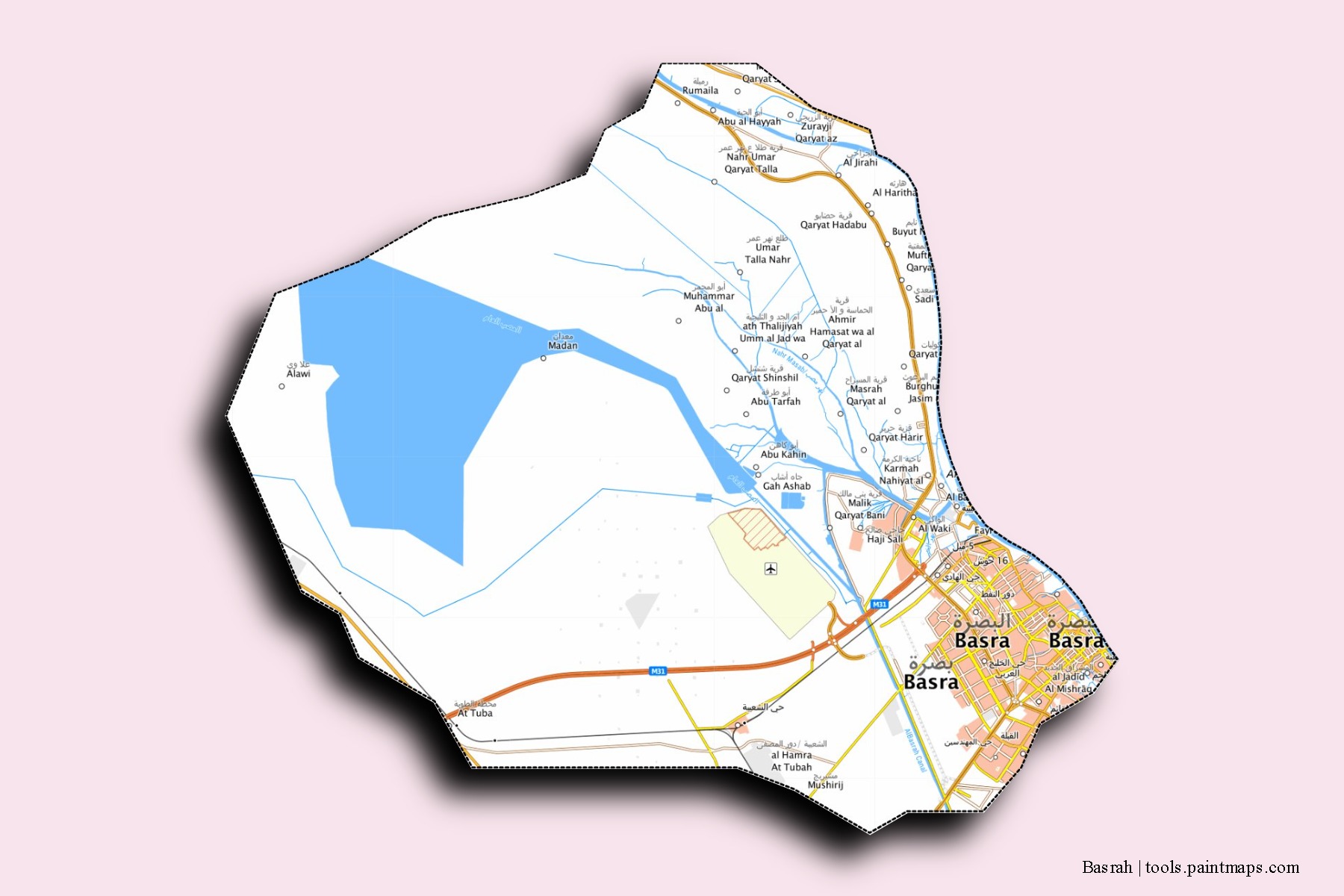 3D gölge efektli Basrah mahalleleri ve köyleri haritası