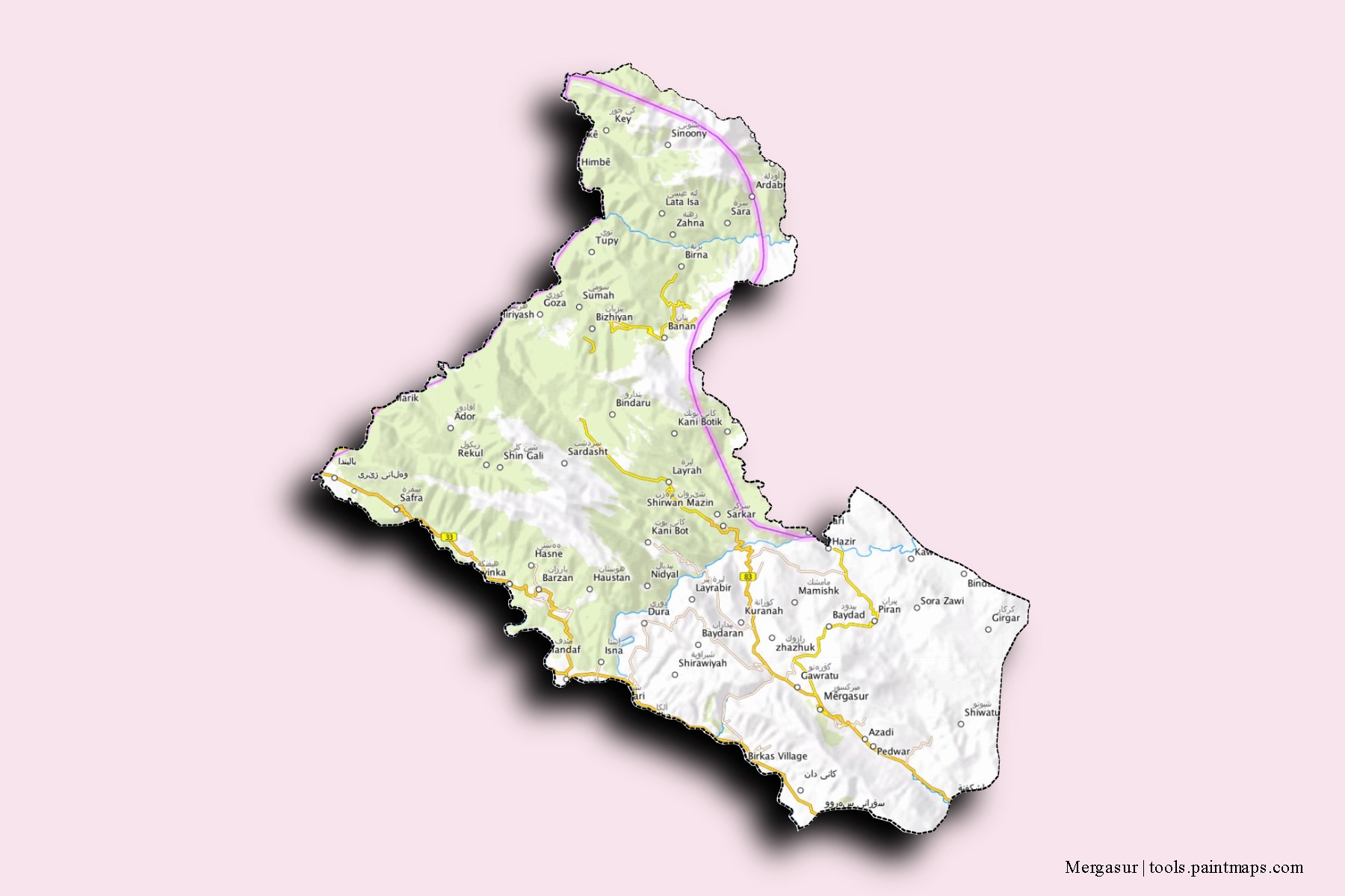 Mapa de barrios y pueblos de Mergasur con efecto de sombra 3D