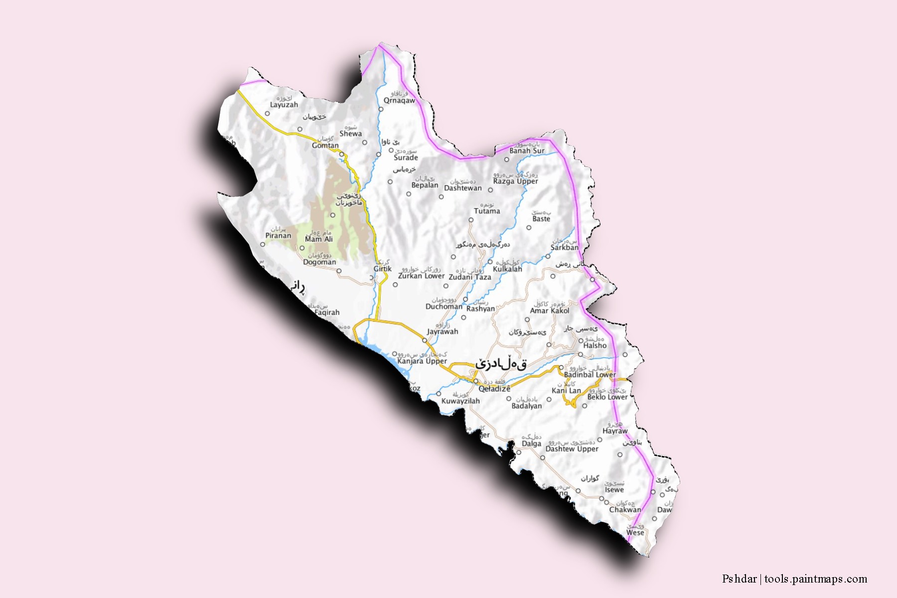 Mapa de barrios y pueblos de Pshdar con efecto de sombra 3D