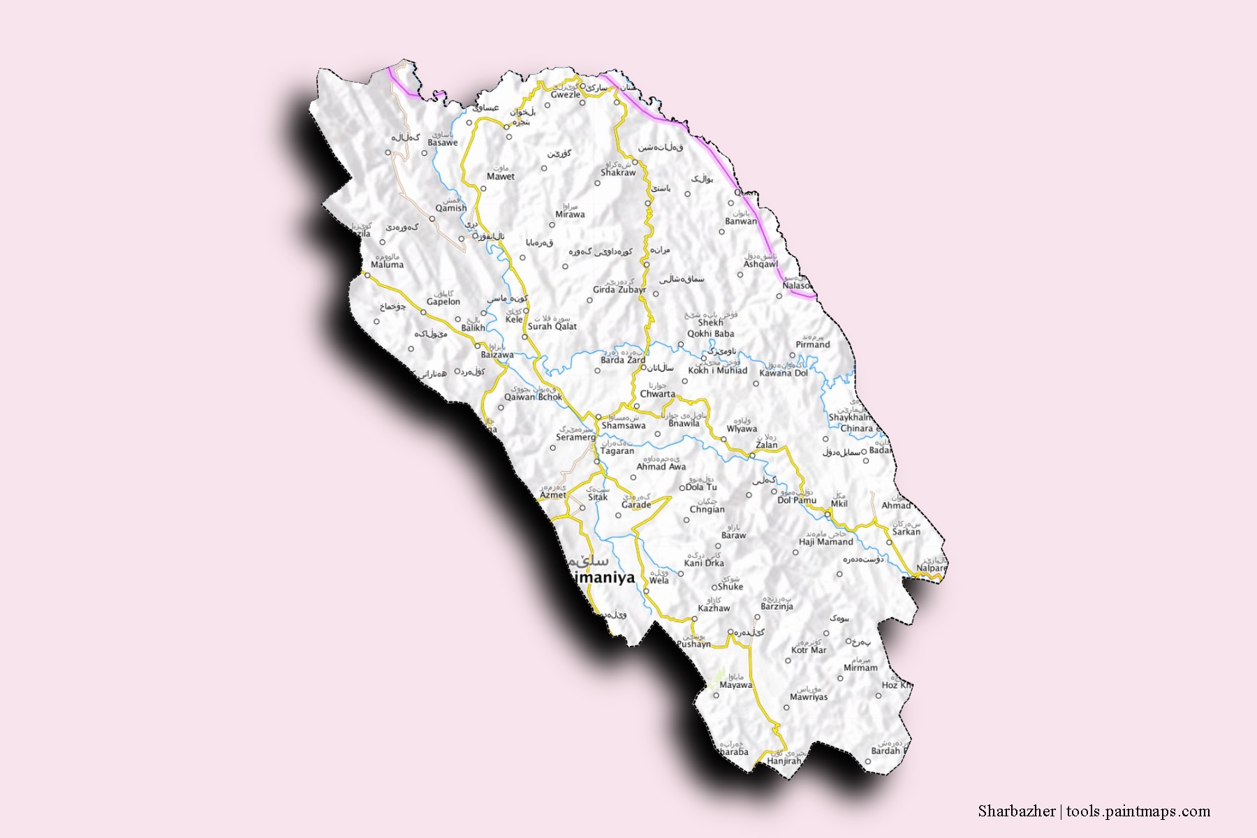 Mapa de barrios y pueblos de Sharbazher con efecto de sombra 3D