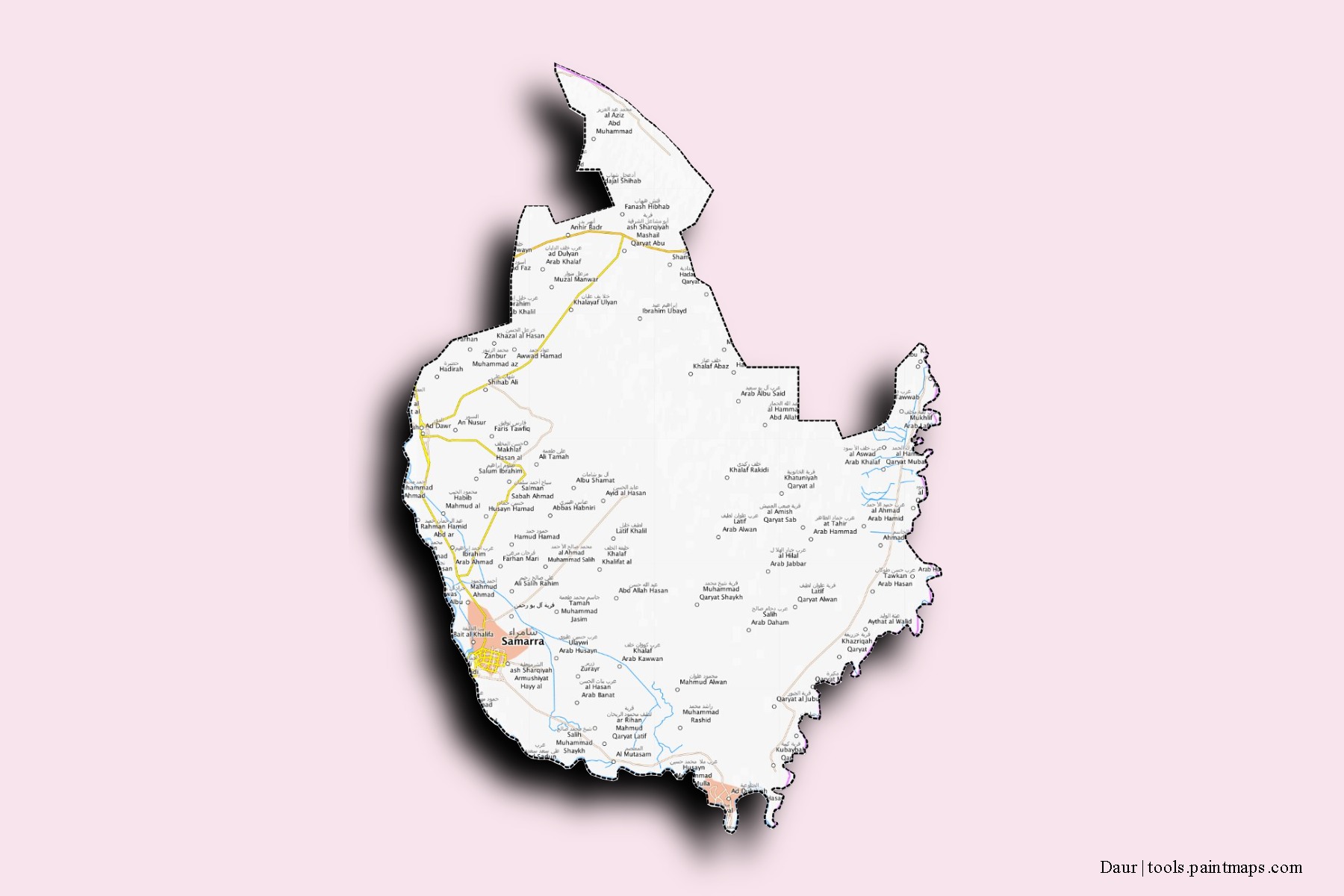 Mapa de barrios y pueblos de Daur con efecto de sombra 3D