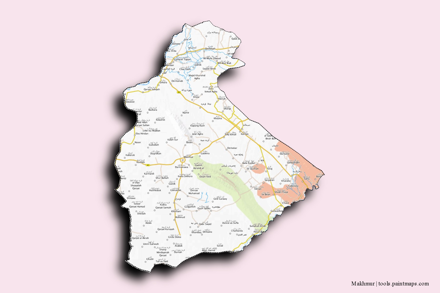 Mapa de barrios y pueblos de Makhmur con efecto de sombra 3D