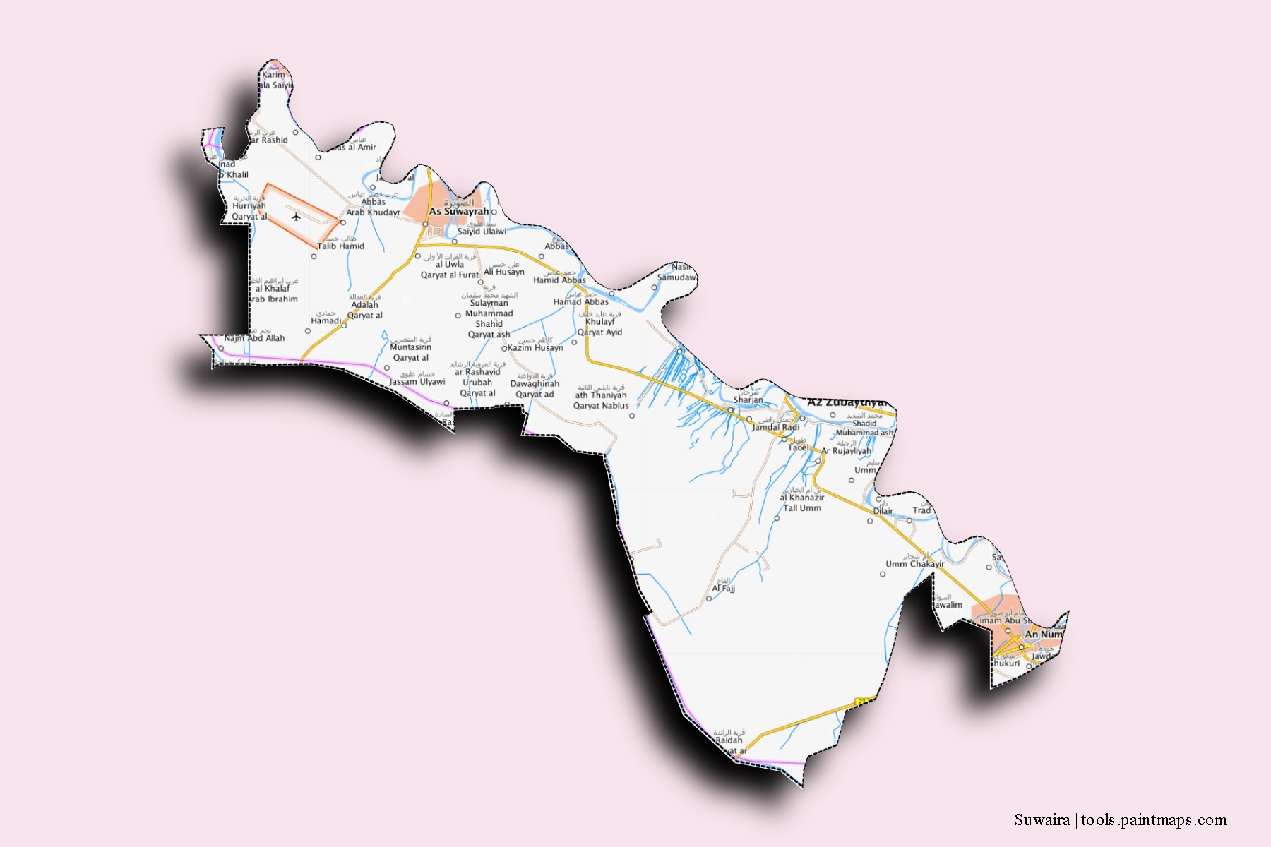 Suwaira neighborhoods and villages map with 3D shadow effect