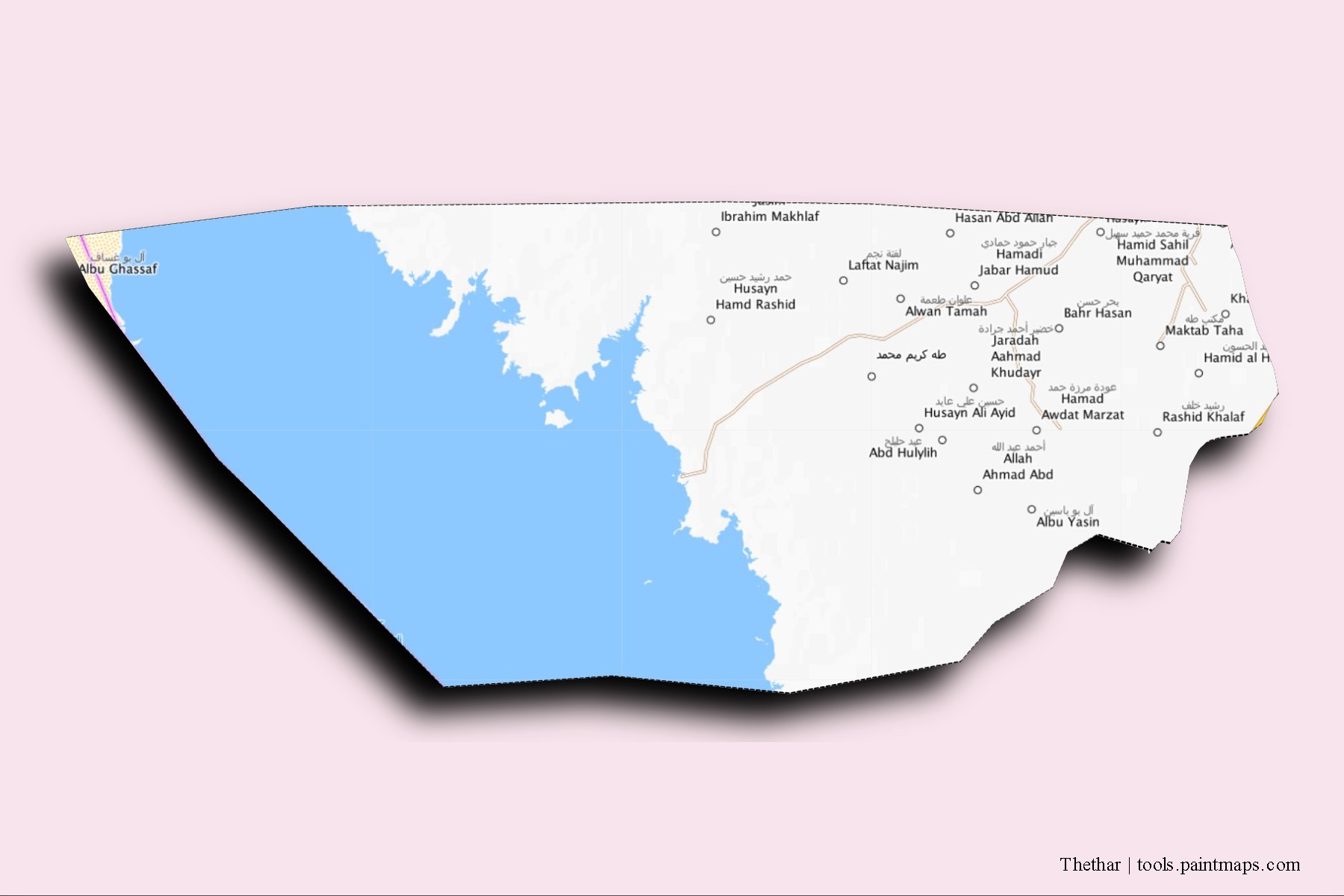 3D gölge efektli Thethar mahalleleri ve köyleri haritası
