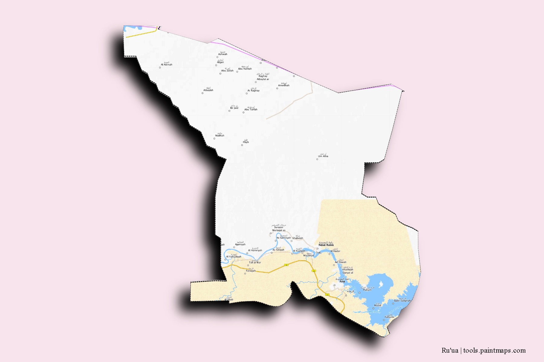 Mapa de barrios y pueblos de Ru'ua con efecto de sombra 3D