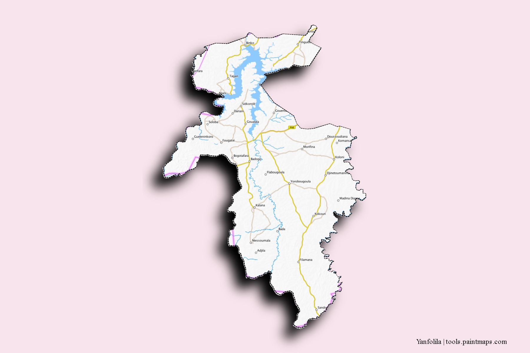 Mapa de barrios y pueblos de Yanfolila con efecto de sombra 3D