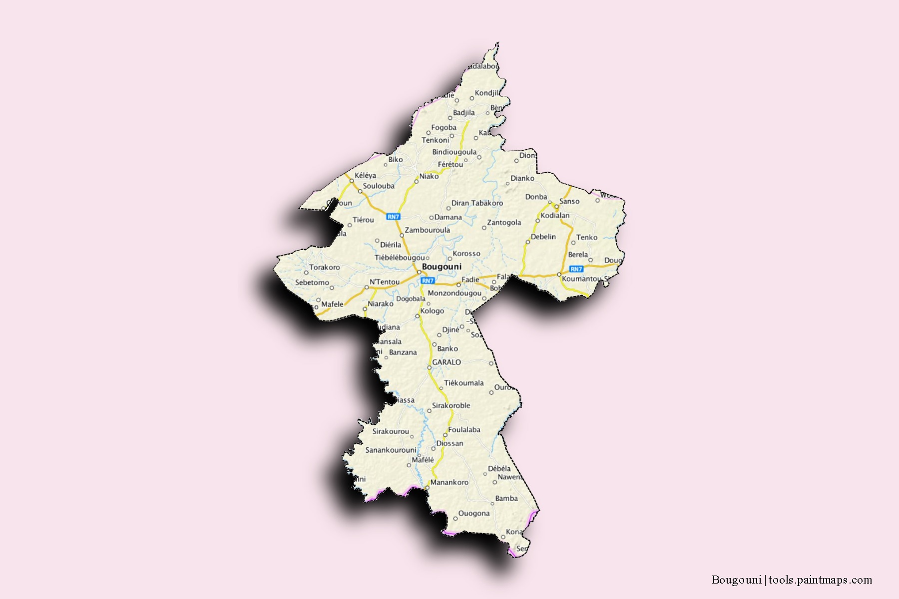 Mapa de barrios y pueblos de Bougouni con efecto de sombra 3D