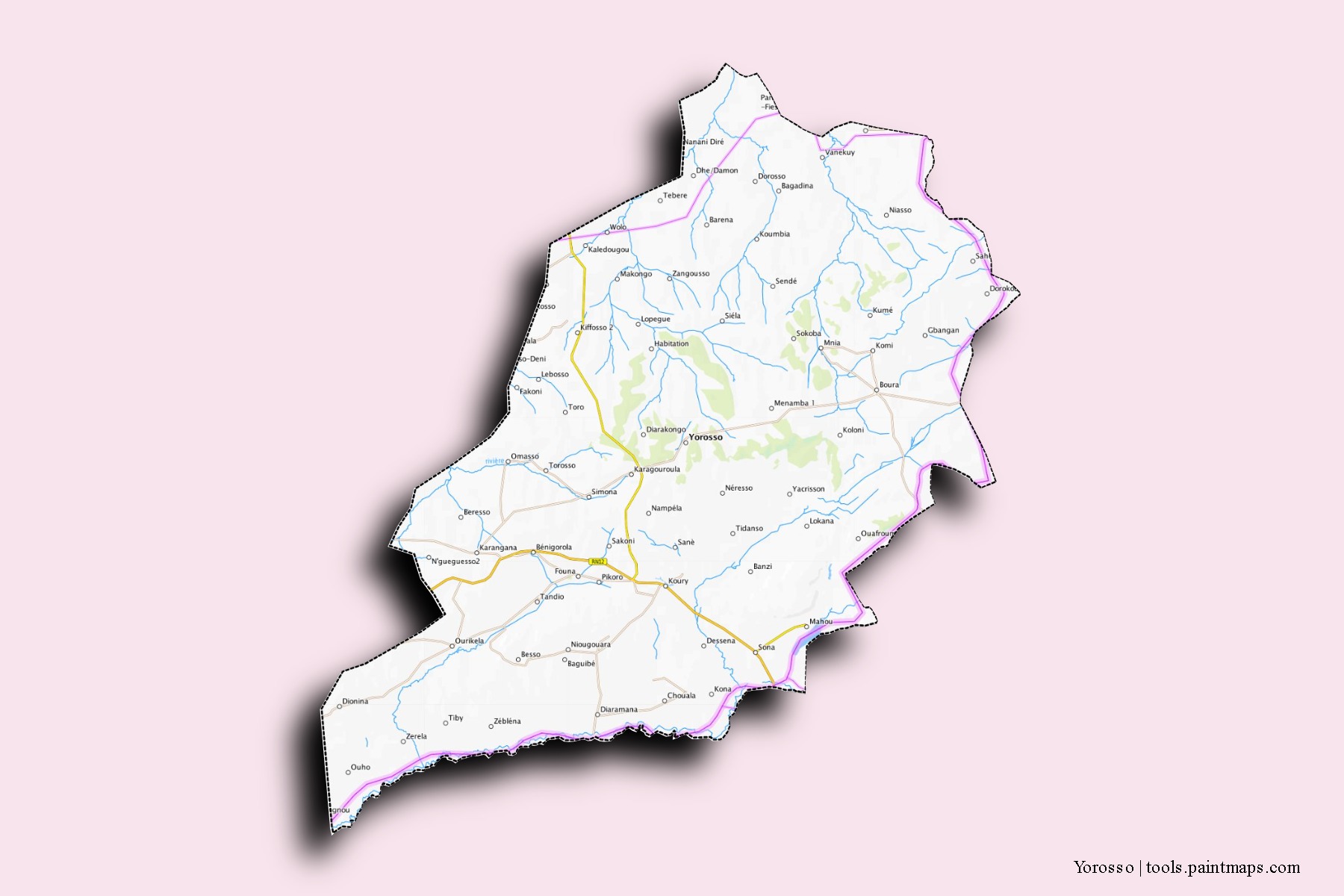 Mapa de barrios y pueblos de Yorosso con efecto de sombra 3D