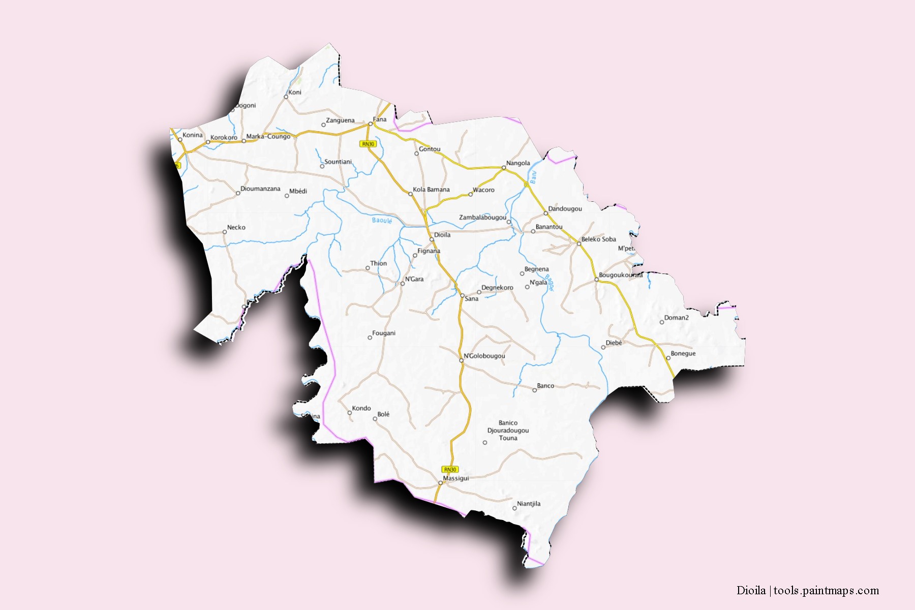 Mapa de barrios y pueblos de Dioila con efecto de sombra 3D