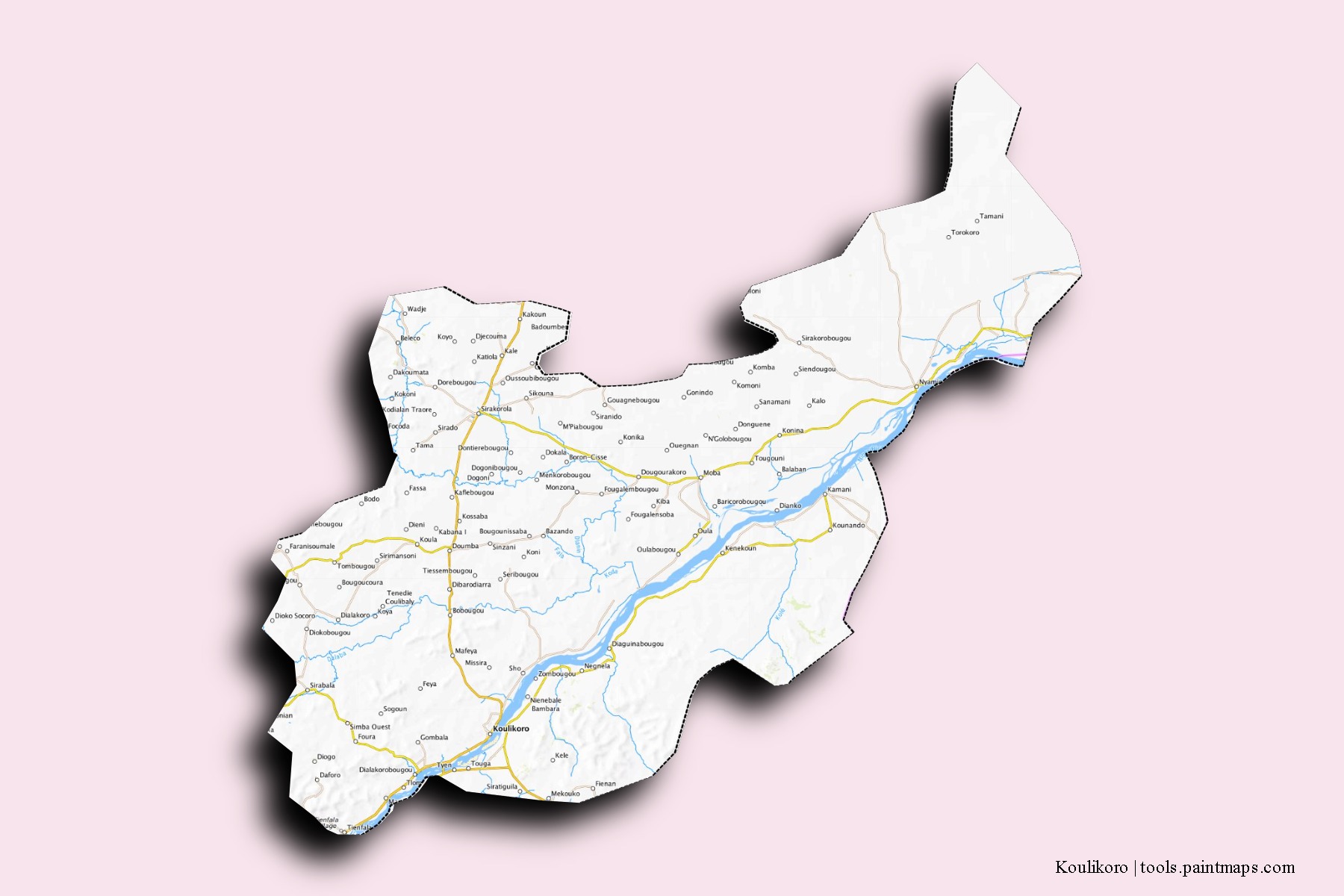 Mapa de barrios y pueblos de Koulikoro con efecto de sombra 3D