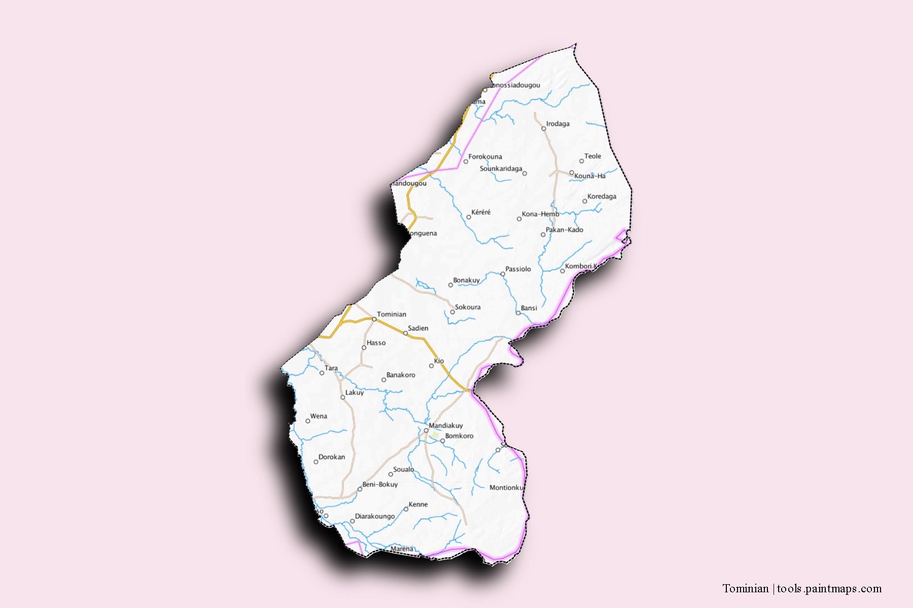 Mapa de barrios y pueblos de Tominian con efecto de sombra 3D