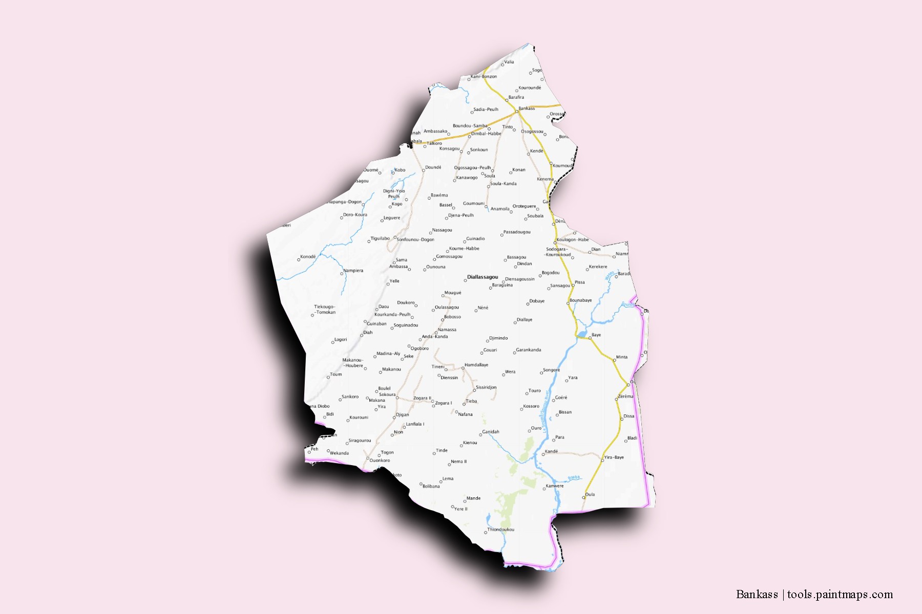 Mapa de barrios y pueblos de Bankass con efecto de sombra 3D