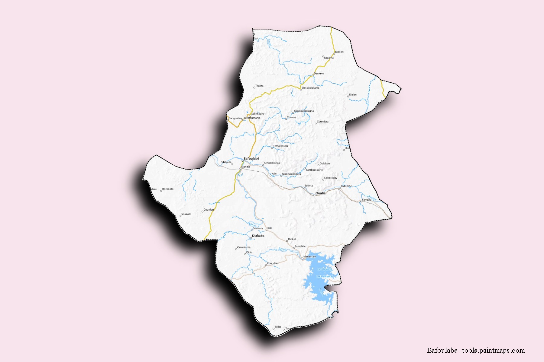 Mapa de barrios y pueblos de Bafoulabe con efecto de sombra 3D