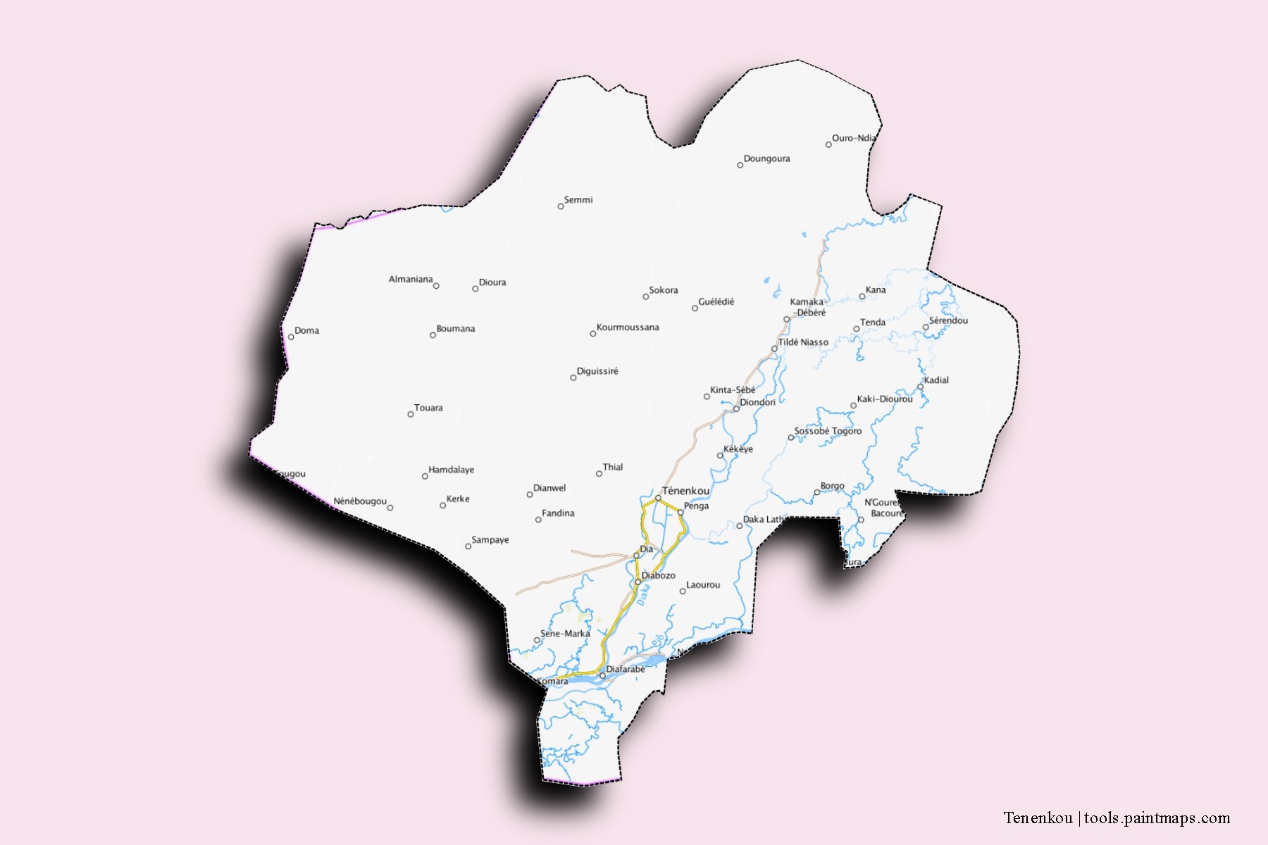 Tenenkou neighborhoods and villages map with 3D shadow effect