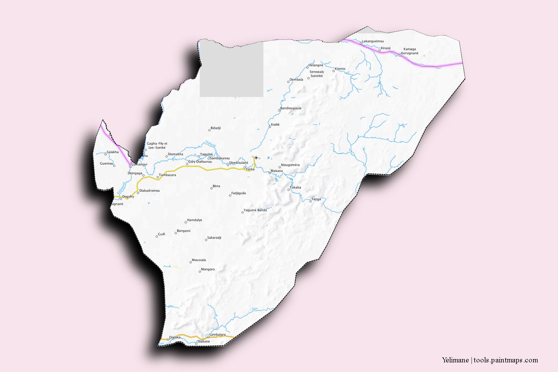 Yelimane neighborhoods and villages map with 3D shadow effect