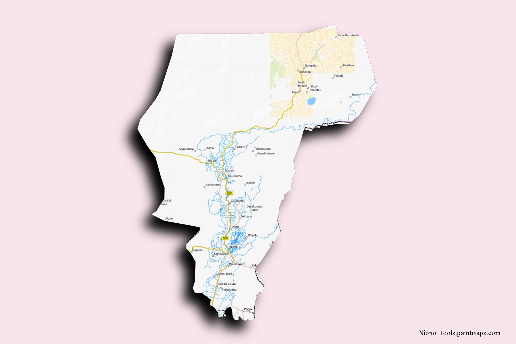 Mapa de barrios y pueblos de Niono con efecto de sombra 3D