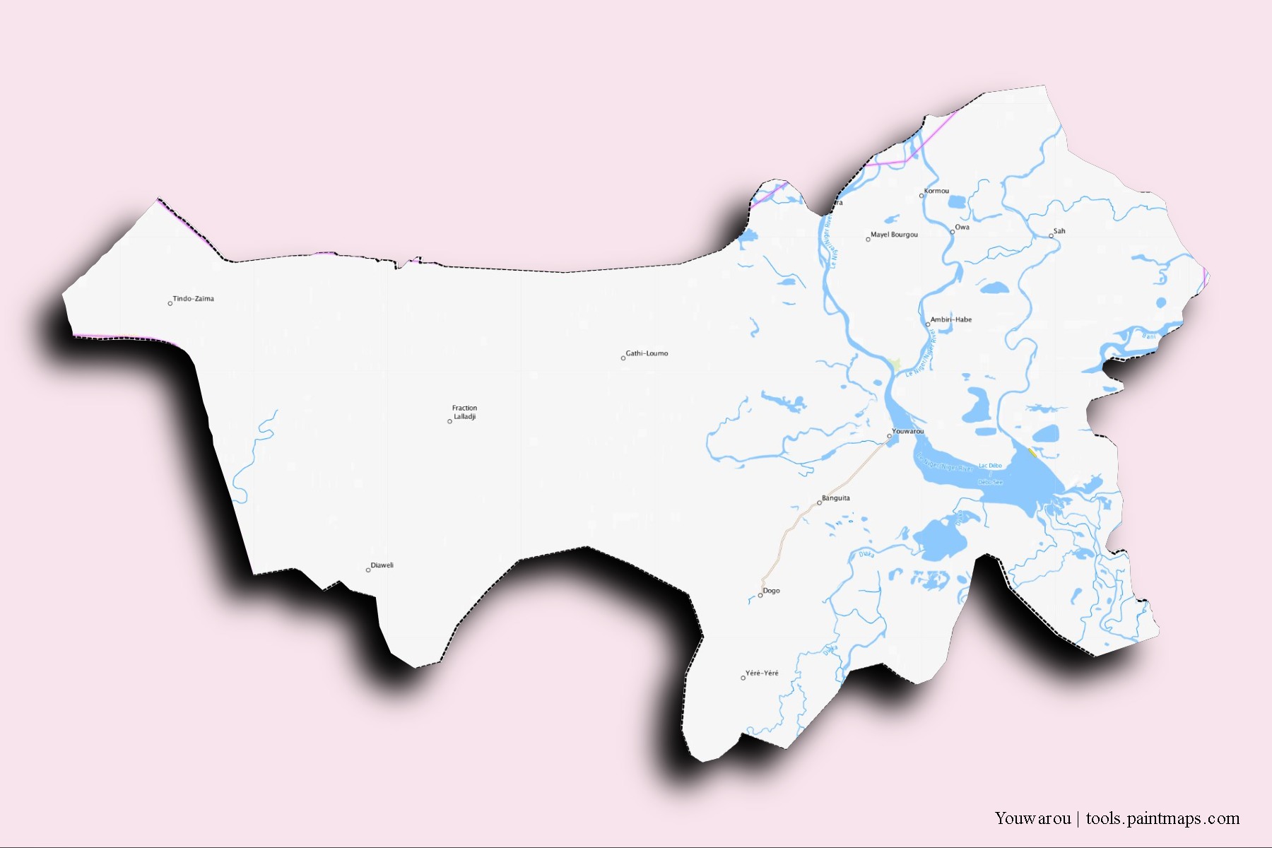 Mapa de barrios y pueblos de Youwarou con efecto de sombra 3D