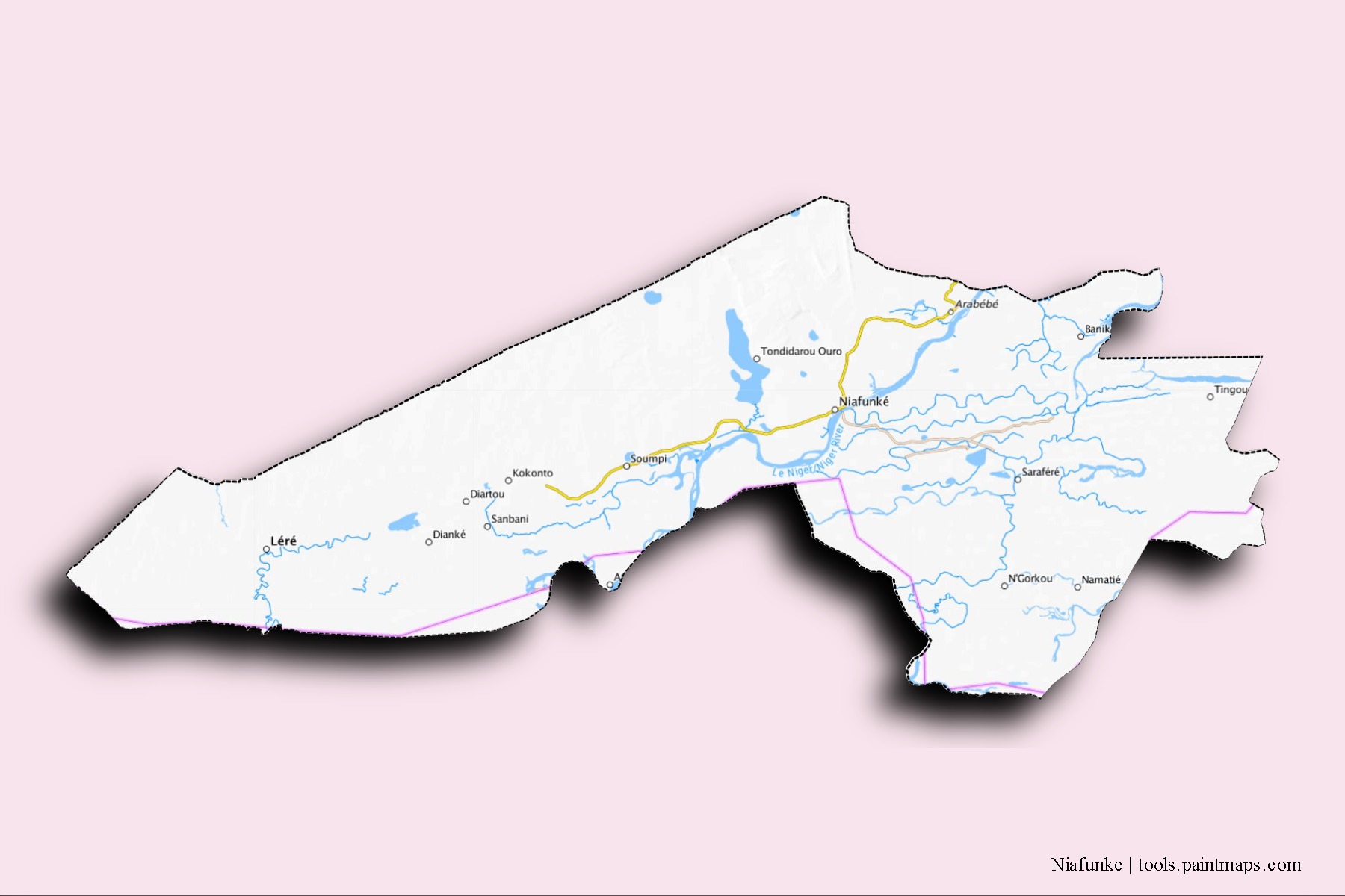 Mapa de barrios y pueblos de Niafunke con efecto de sombra 3D