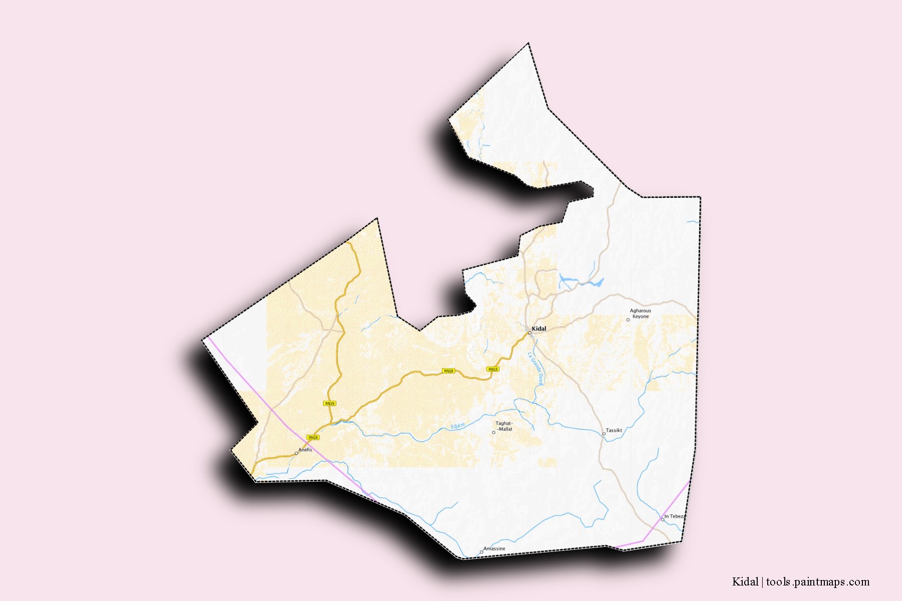 Kidal neighborhoods and villages map with 3D shadow effect