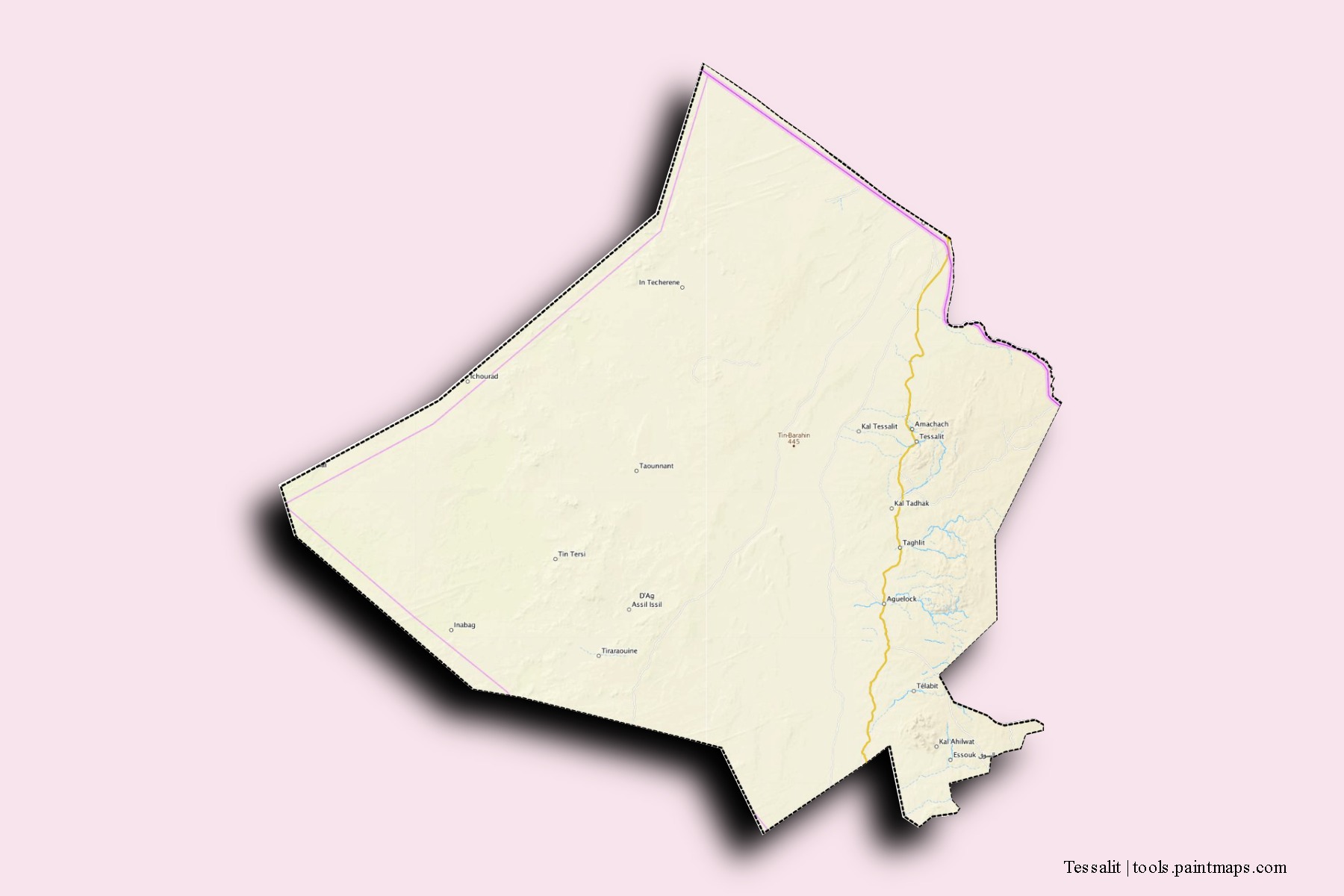 Mapa de barrios y pueblos de Tessalit con efecto de sombra 3D