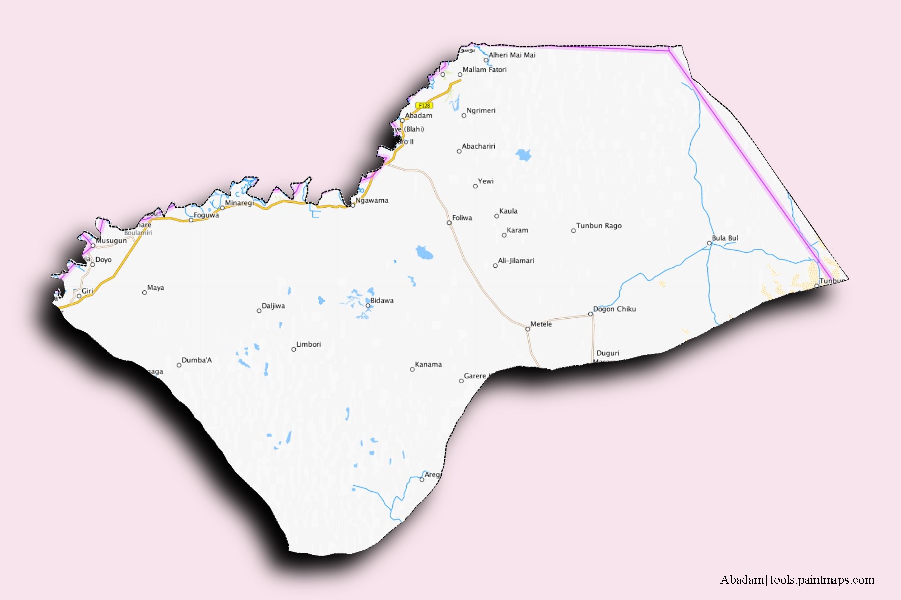 Abadam neighborhoods and villages map with 3D shadow effect