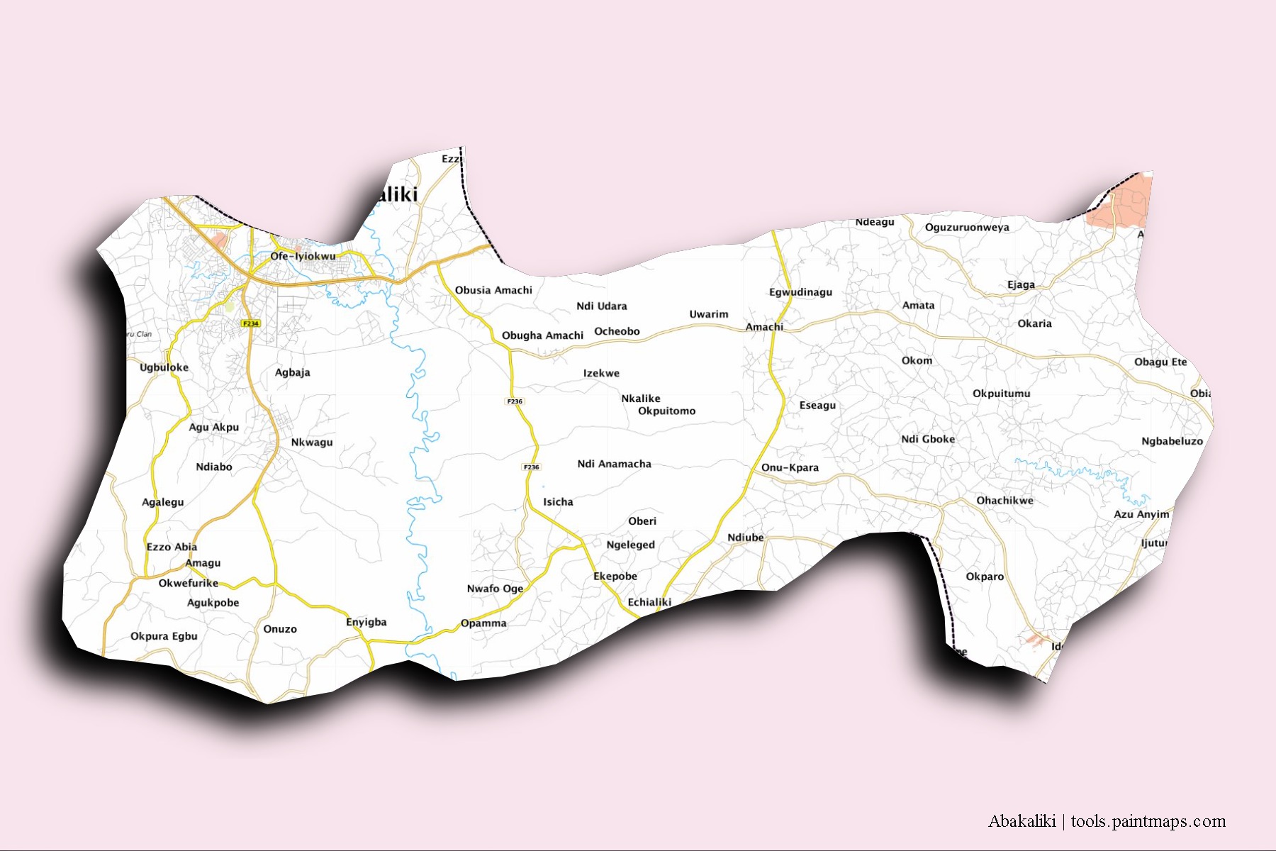 Abakaliki neighborhoods and villages map with 3D shadow effect