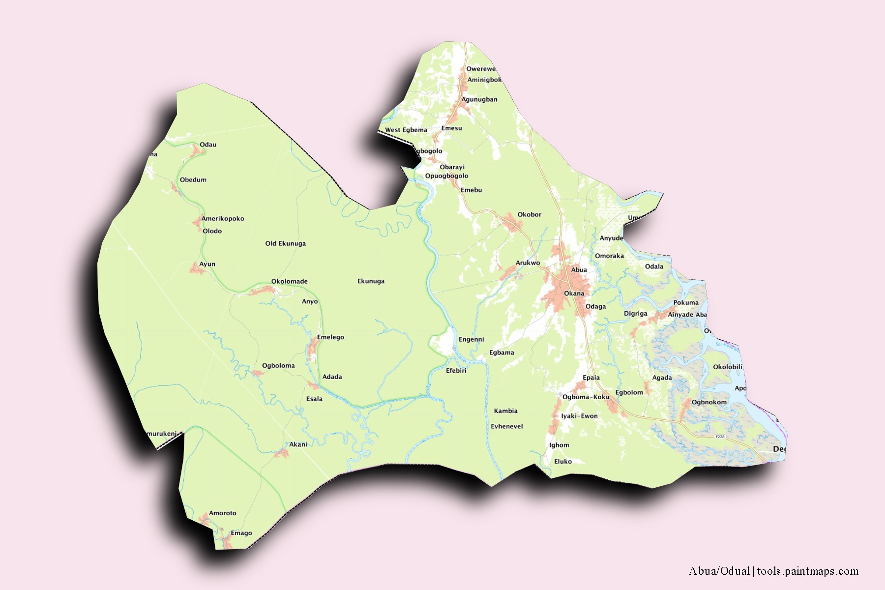 Mapa de barrios y pueblos de Abua/Odual con efecto de sombra 3D