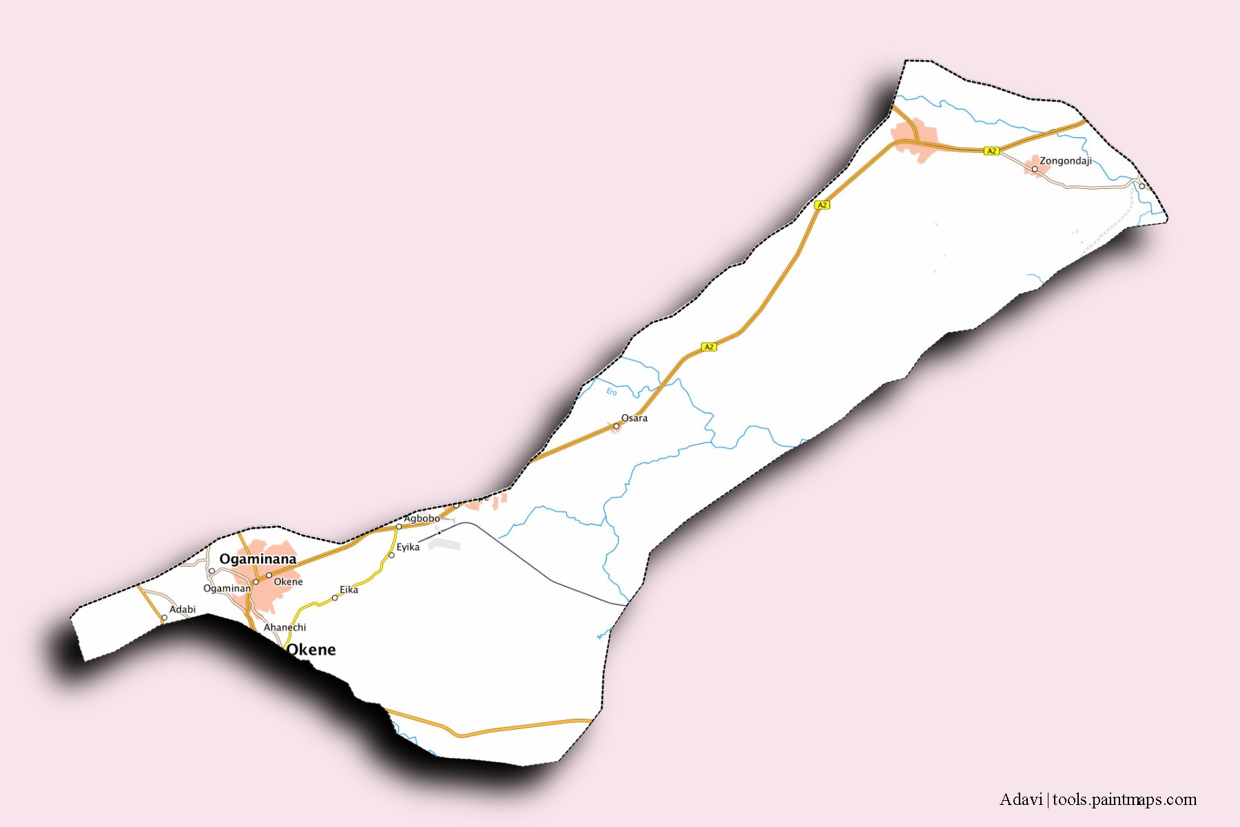 Adavi neighborhoods and villages map with 3D shadow effect