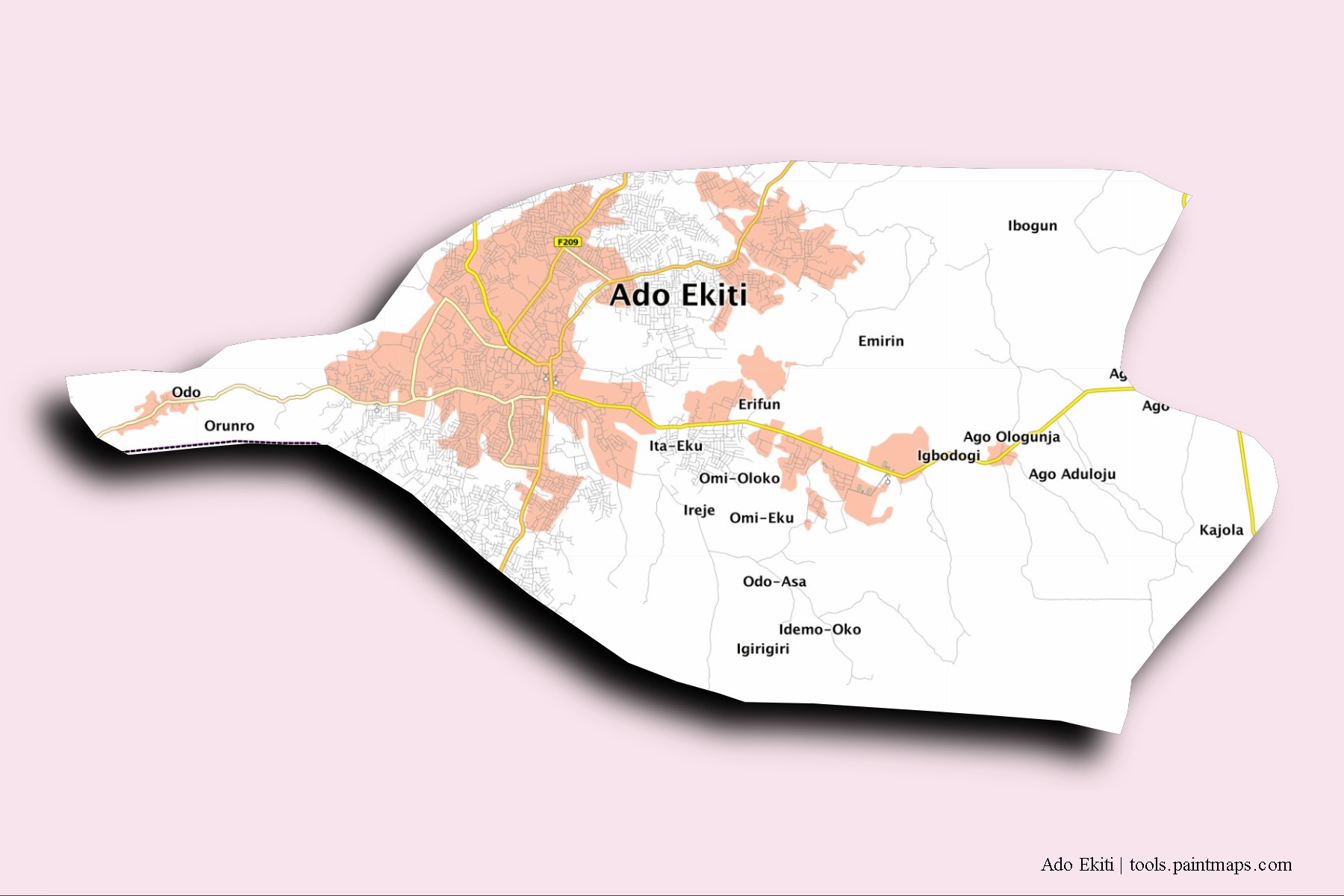 Ado Ekiti neighborhoods and villages map with 3D shadow effect