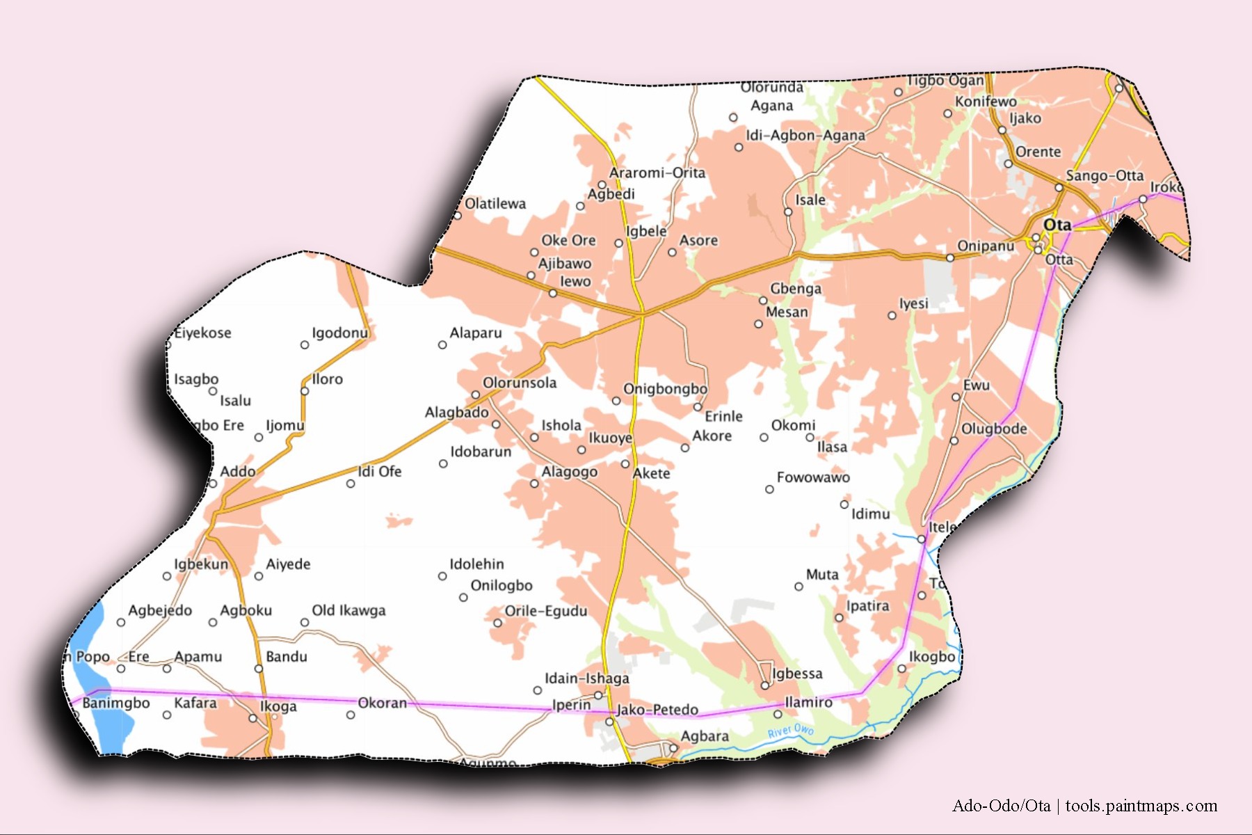 Ado-Odo/Ota neighborhoods and villages map with 3D shadow effect