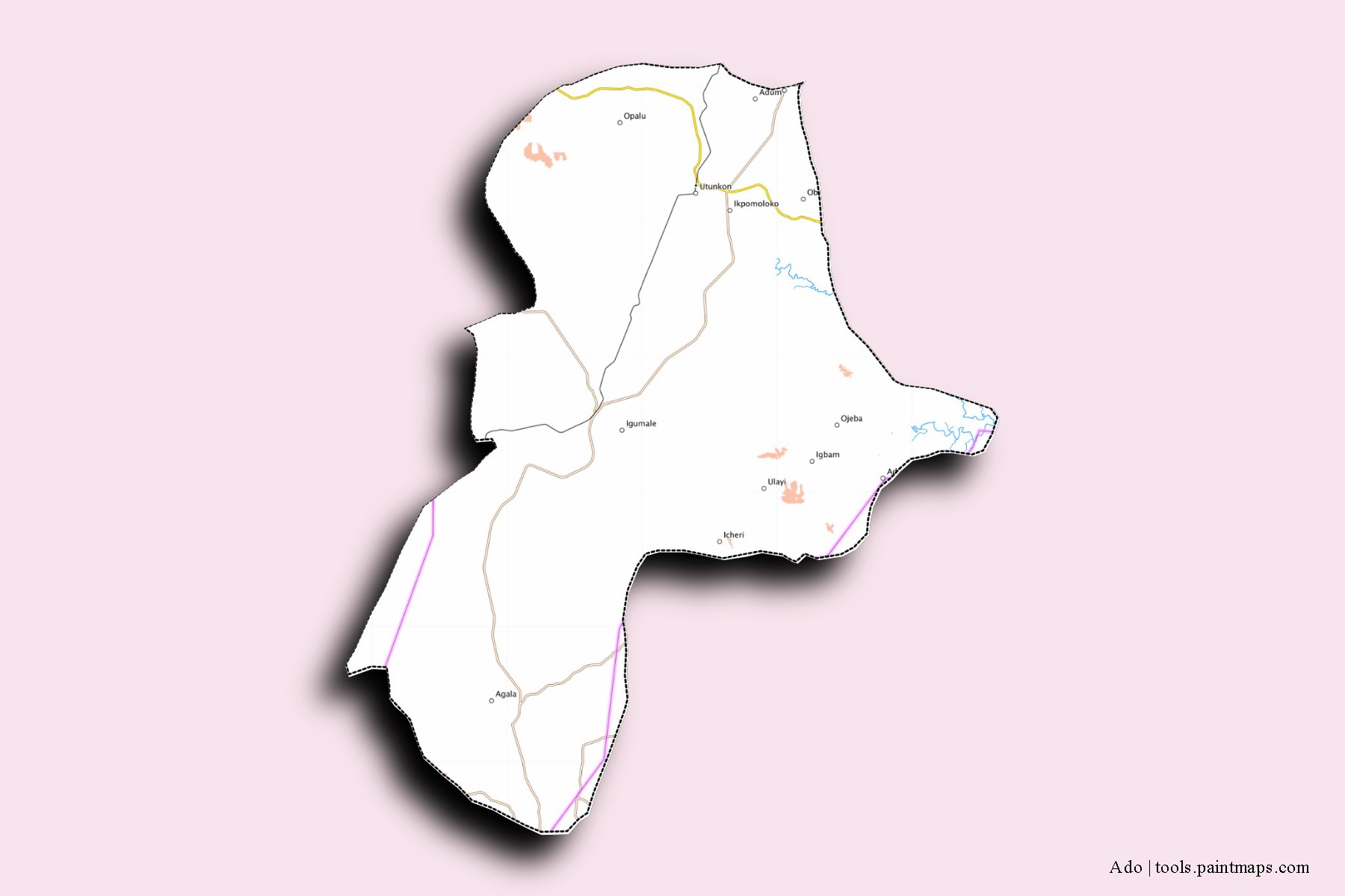 Mapa de barrios y pueblos de Ado con efecto de sombra 3D