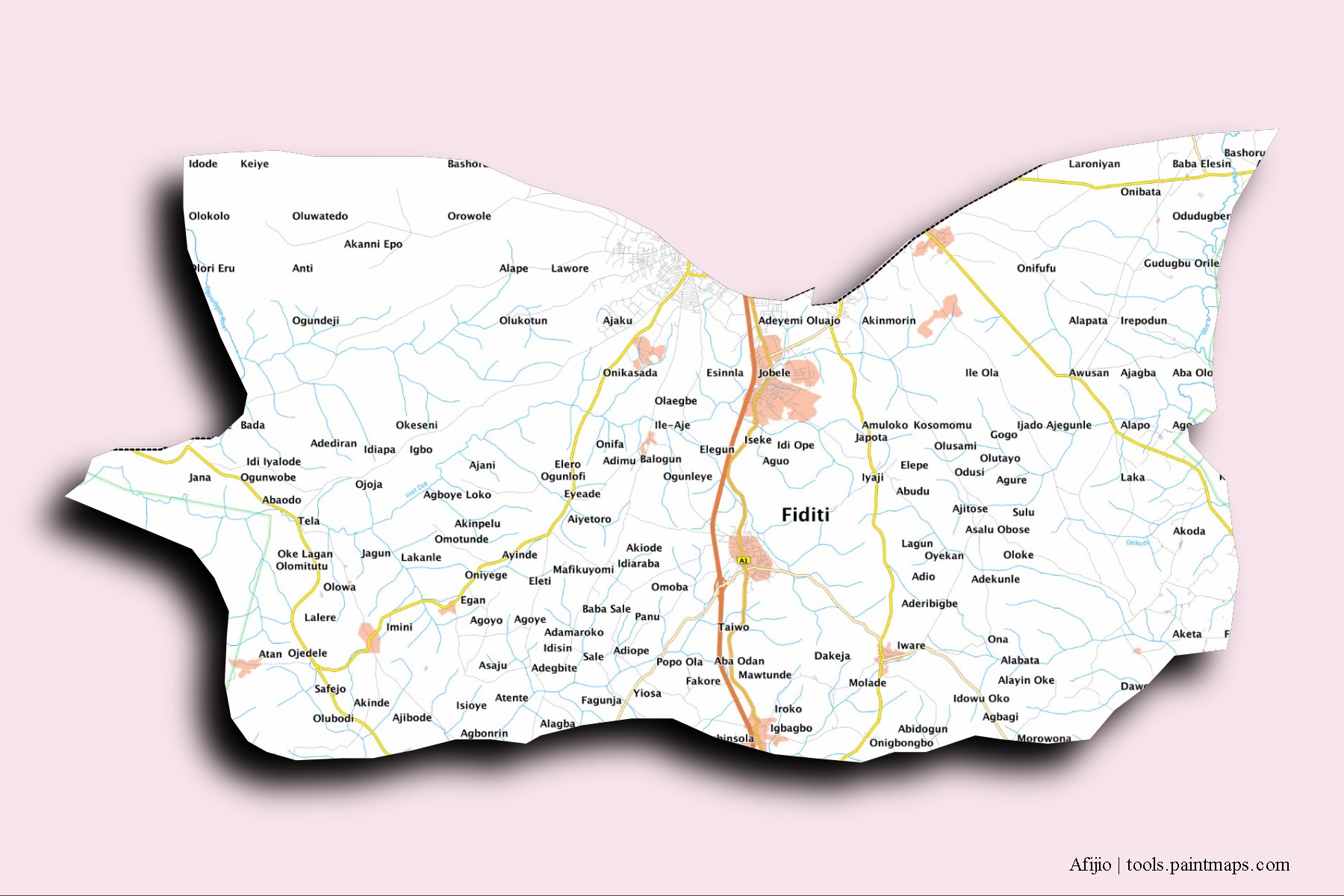 Mapa de barrios y pueblos de Afijio con efecto de sombra 3D