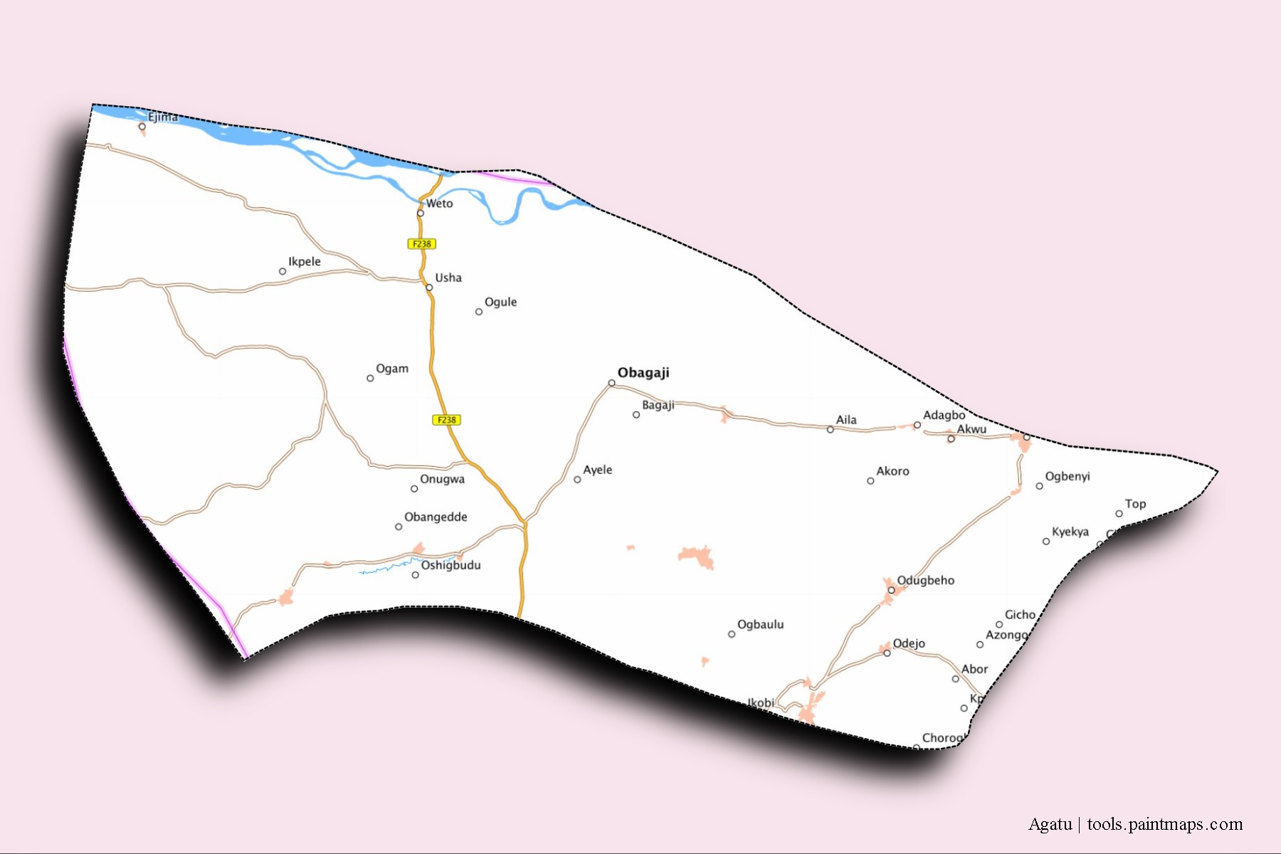 Mapa de barrios y pueblos de Agatu con efecto de sombra 3D