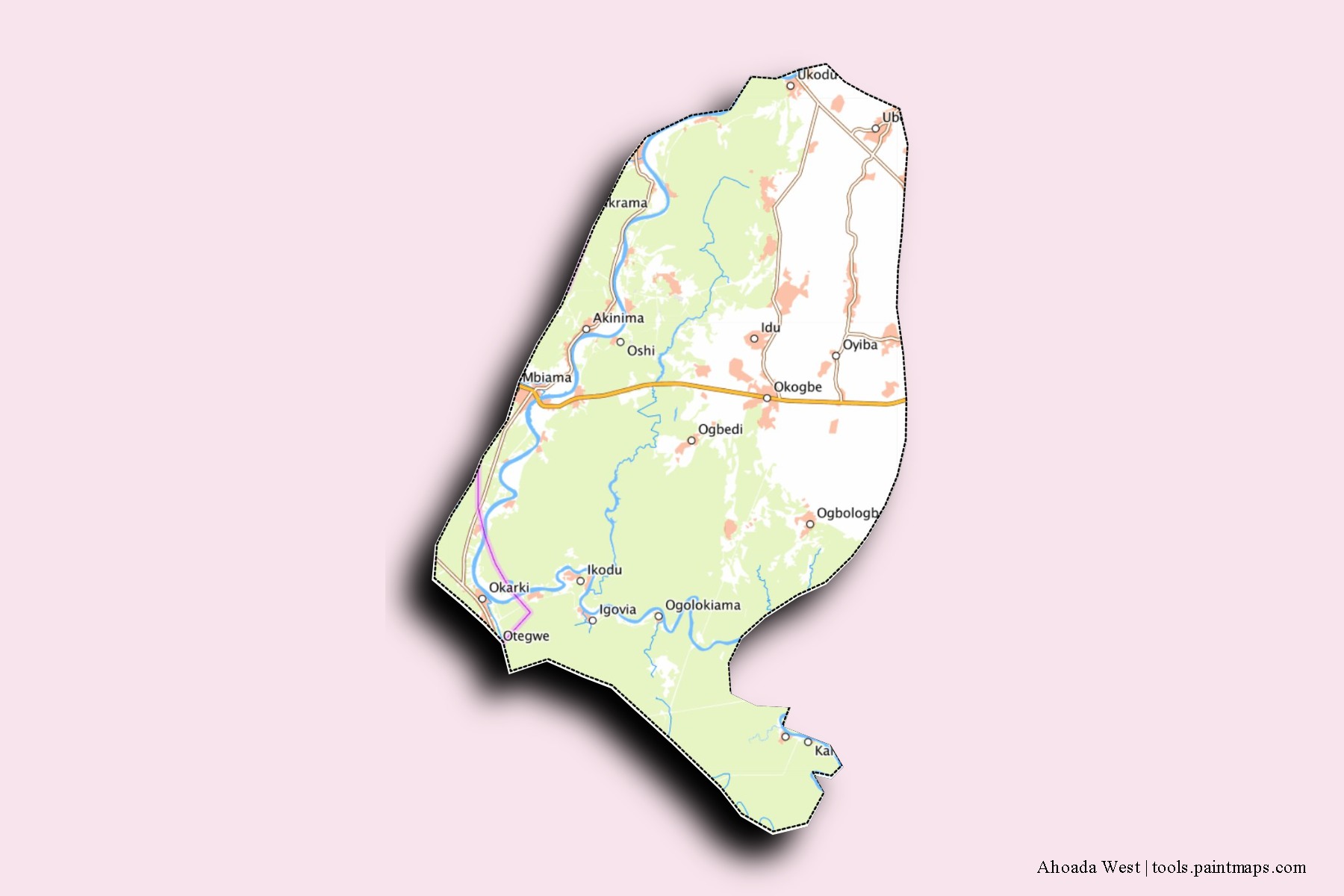 Mapa de barrios y pueblos de Ahoada West con efecto de sombra 3D