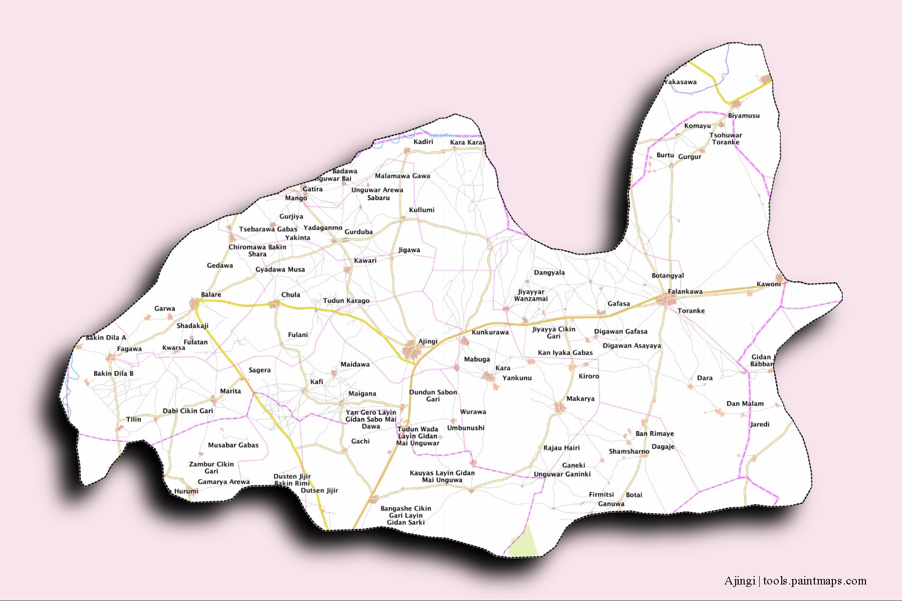 Ajingi neighborhoods and villages map with 3D shadow effect