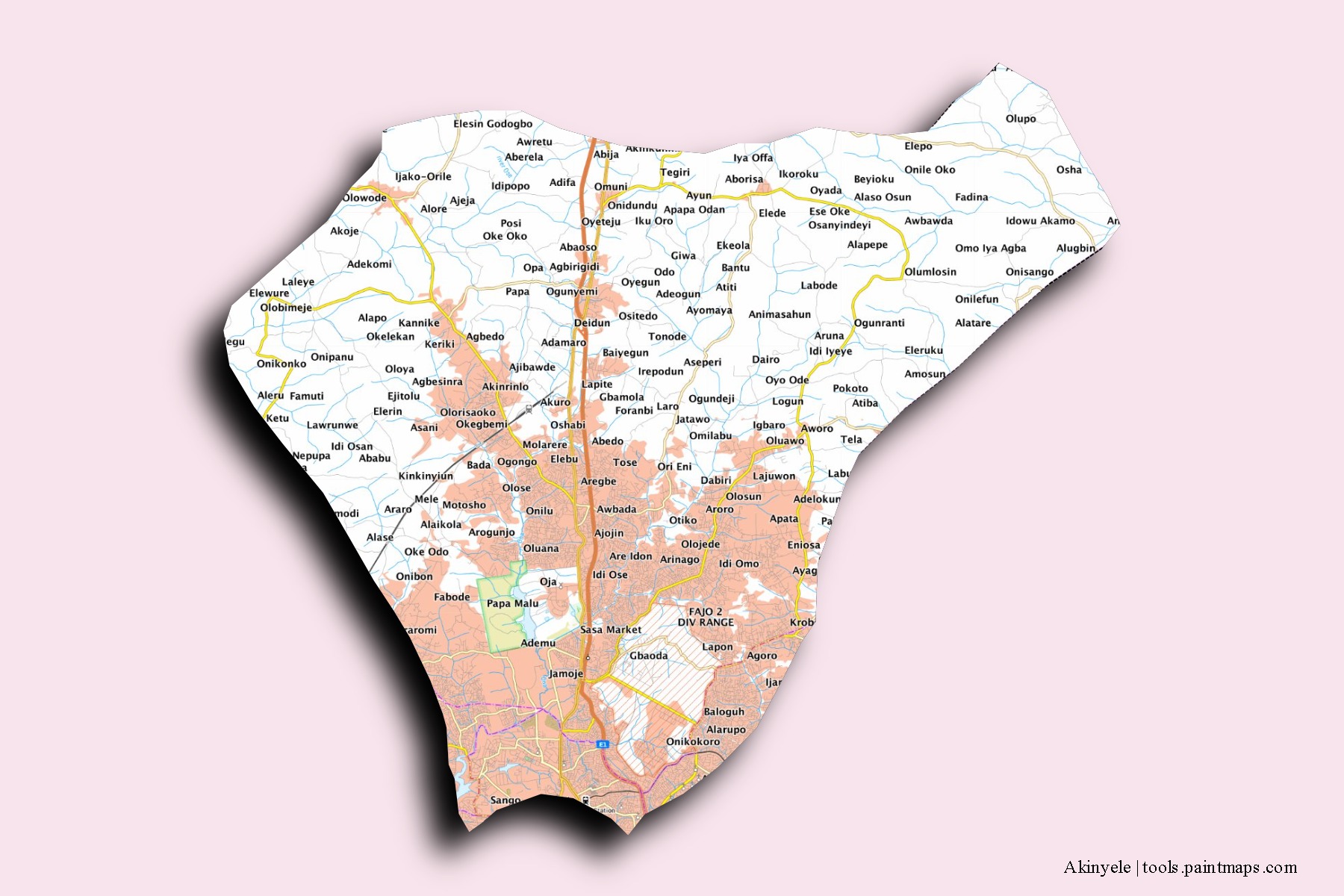 Akinyele neighborhoods and villages map with 3D shadow effect