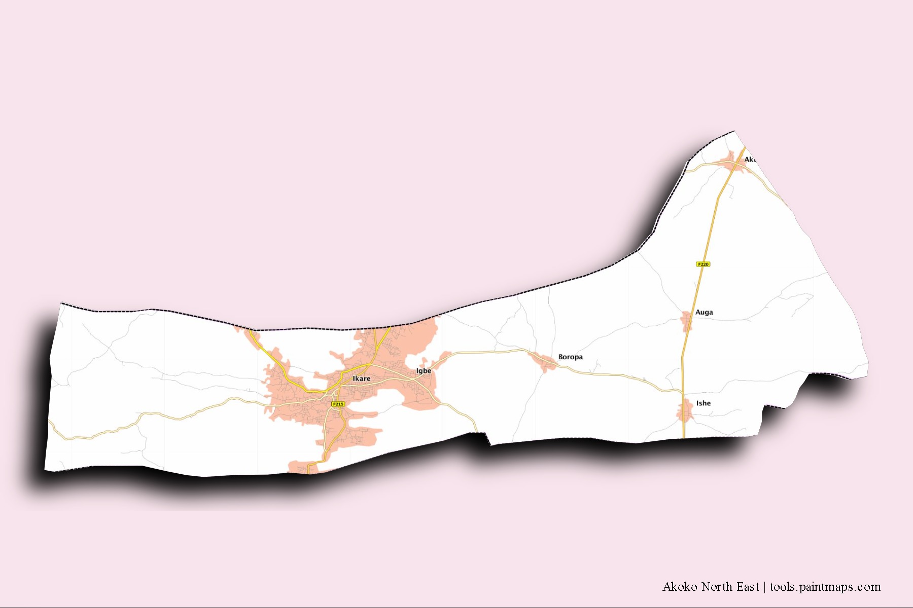 Akoko North East neighborhoods and villages map with 3D shadow effect