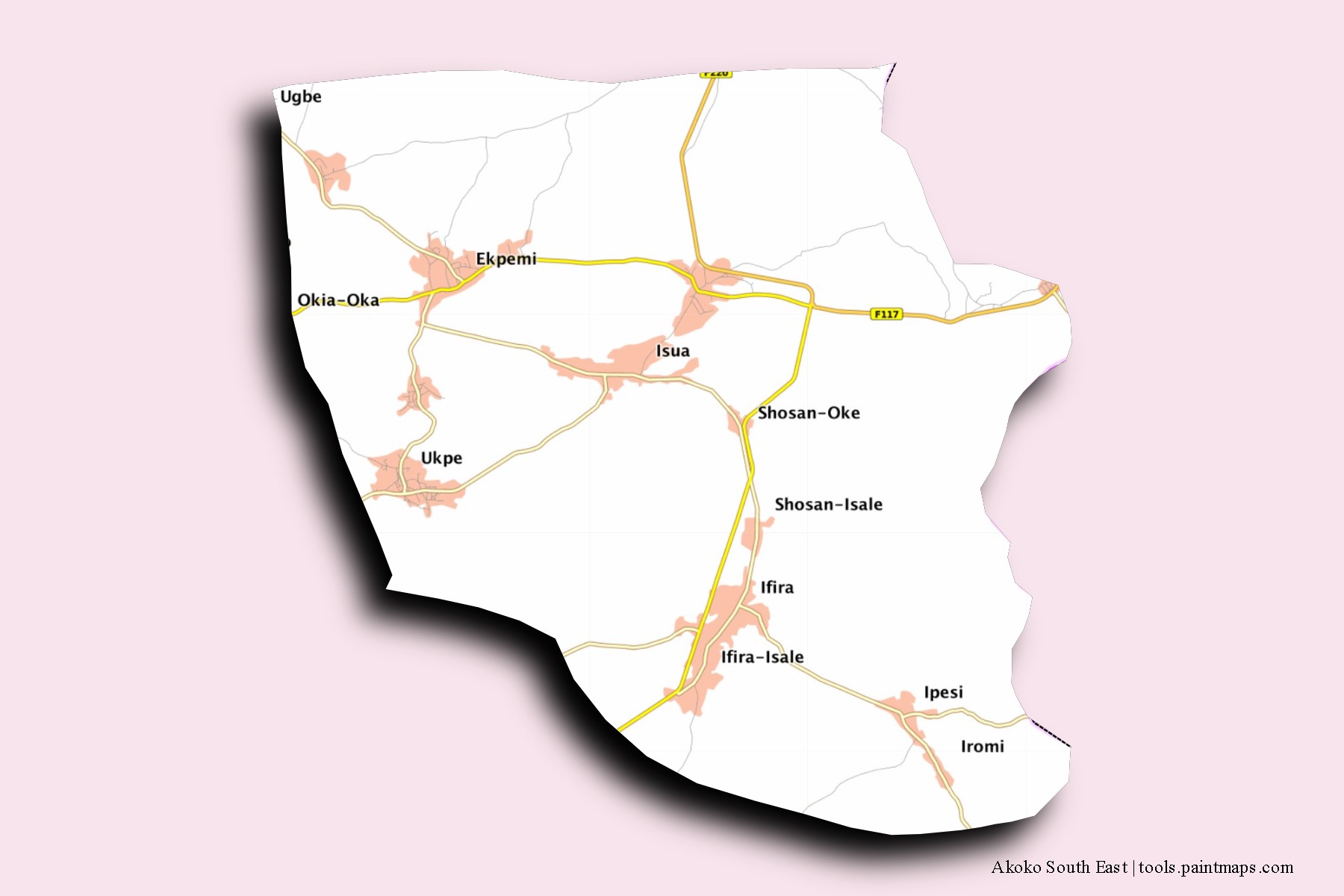 Mapa de barrios y pueblos de Akoko South East con efecto de sombra 3D