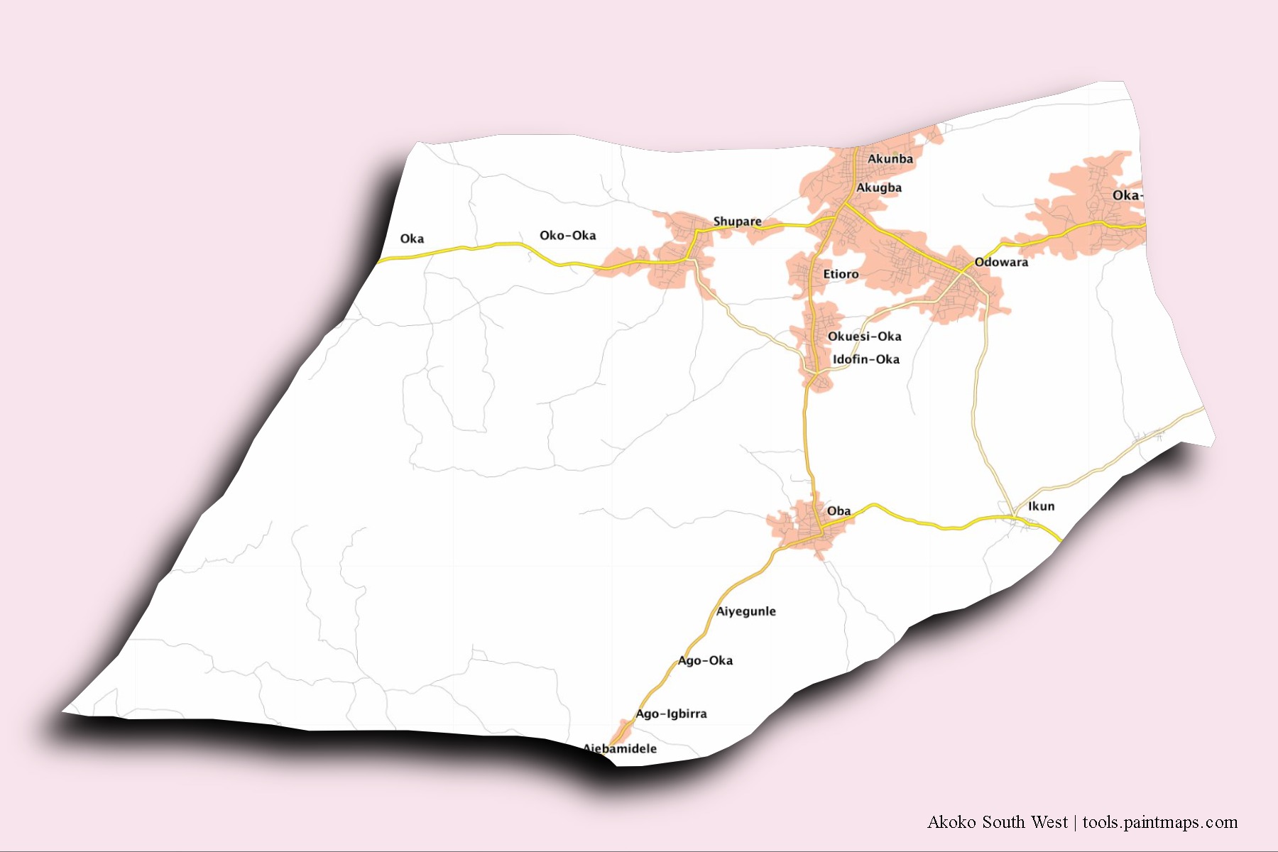 Akoko South West neighborhoods and villages map with 3D shadow effect